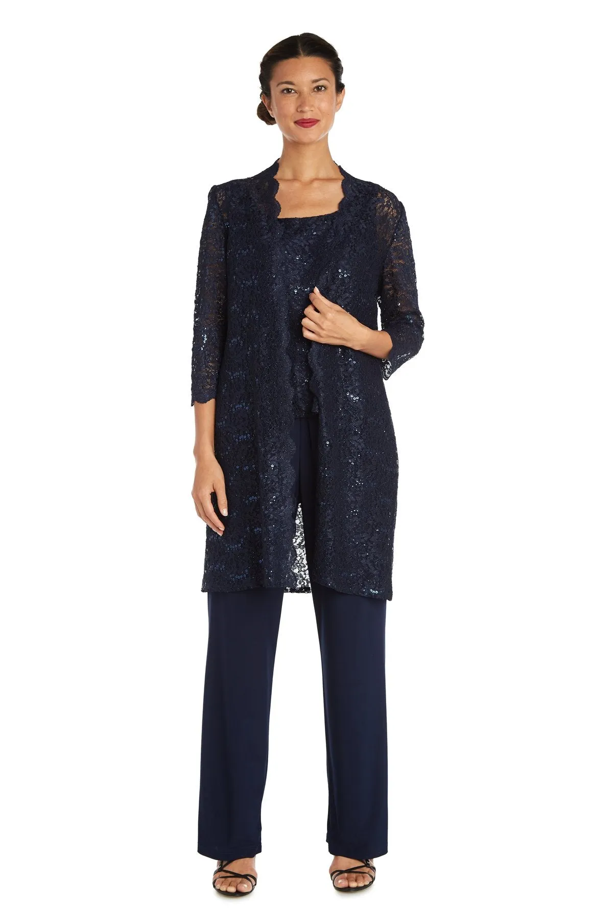 Petite Women's 3 Piece Laced Duster Jacket Shell and Solid Pantsuit