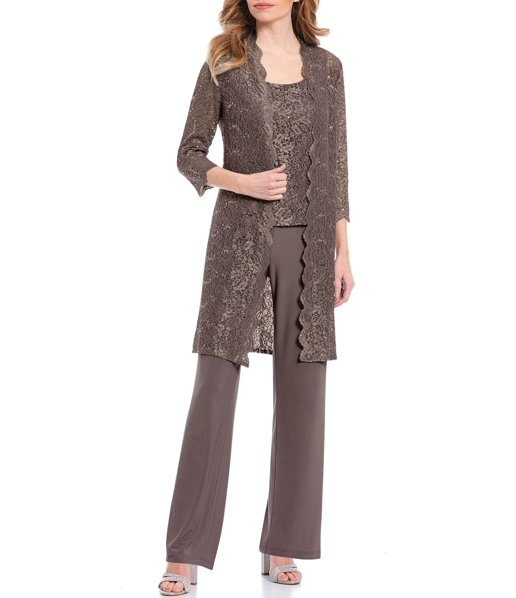 Petite Women's 3 Piece Laced Duster Jacket Shell and Solid Pantsuit