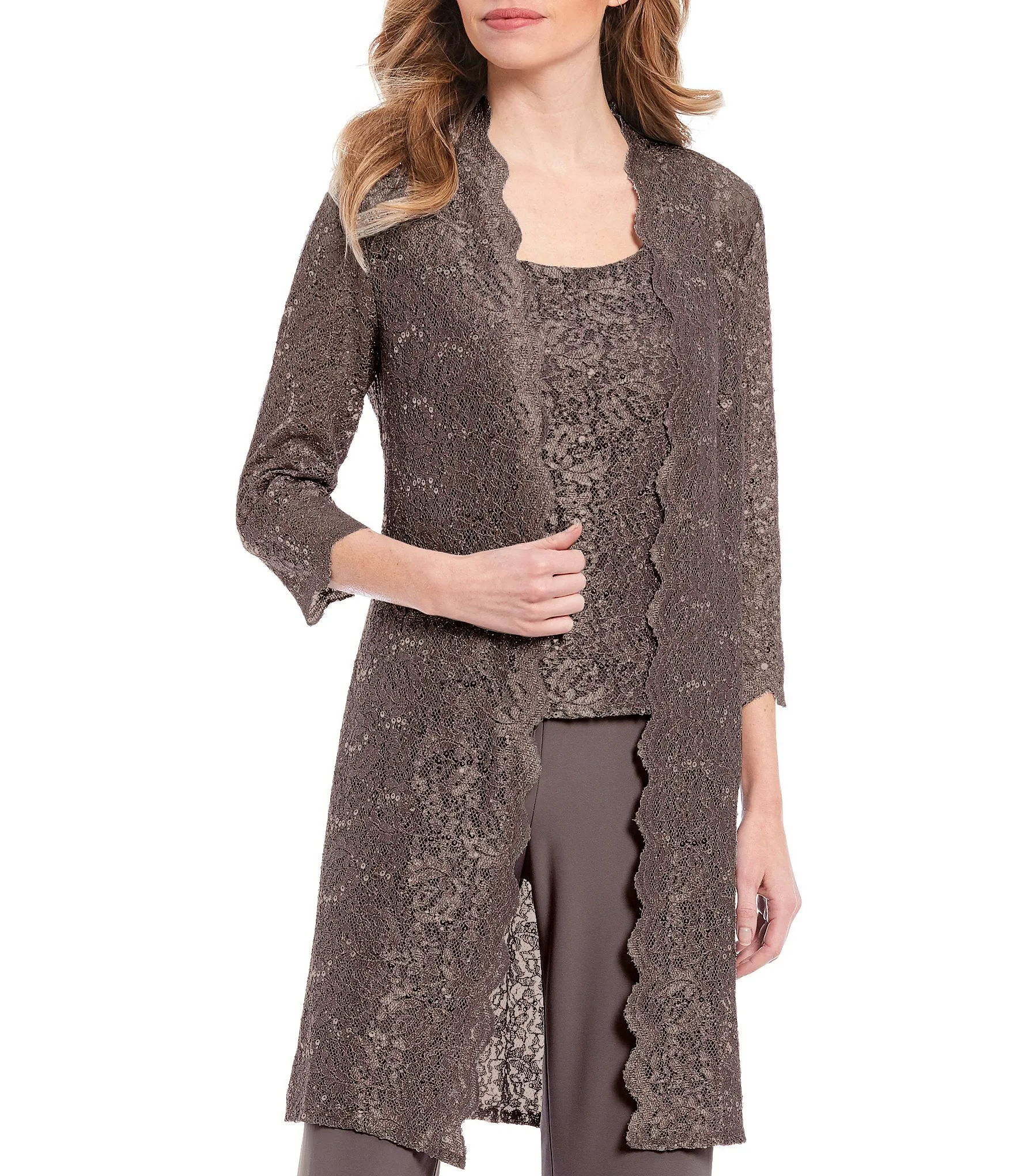 Petite Women's 3 Piece Laced Duster Jacket Shell and Solid Pantsuit