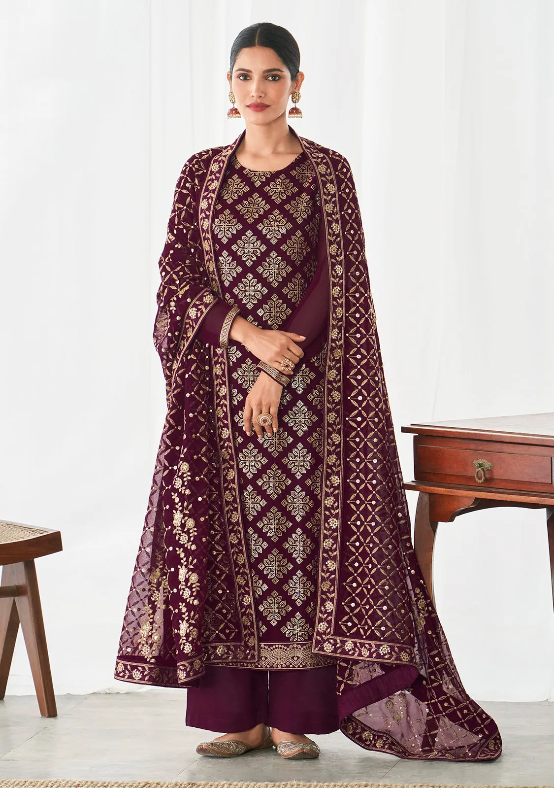 Plum Magenta Floral Motifs Embroidered Palazzo Pants Suits