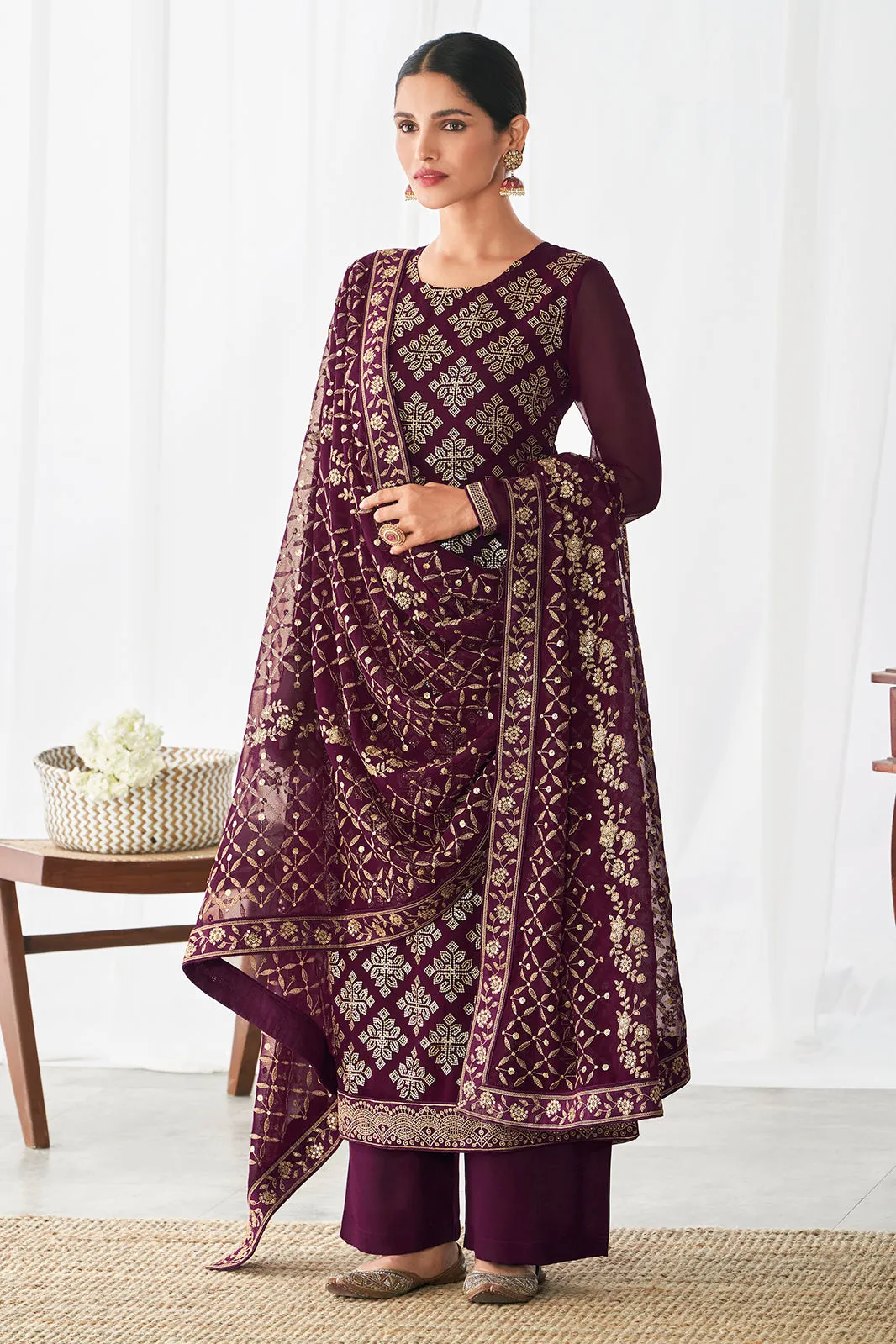 Plum Magenta Floral Motifs Embroidered Palazzo Pants Suits