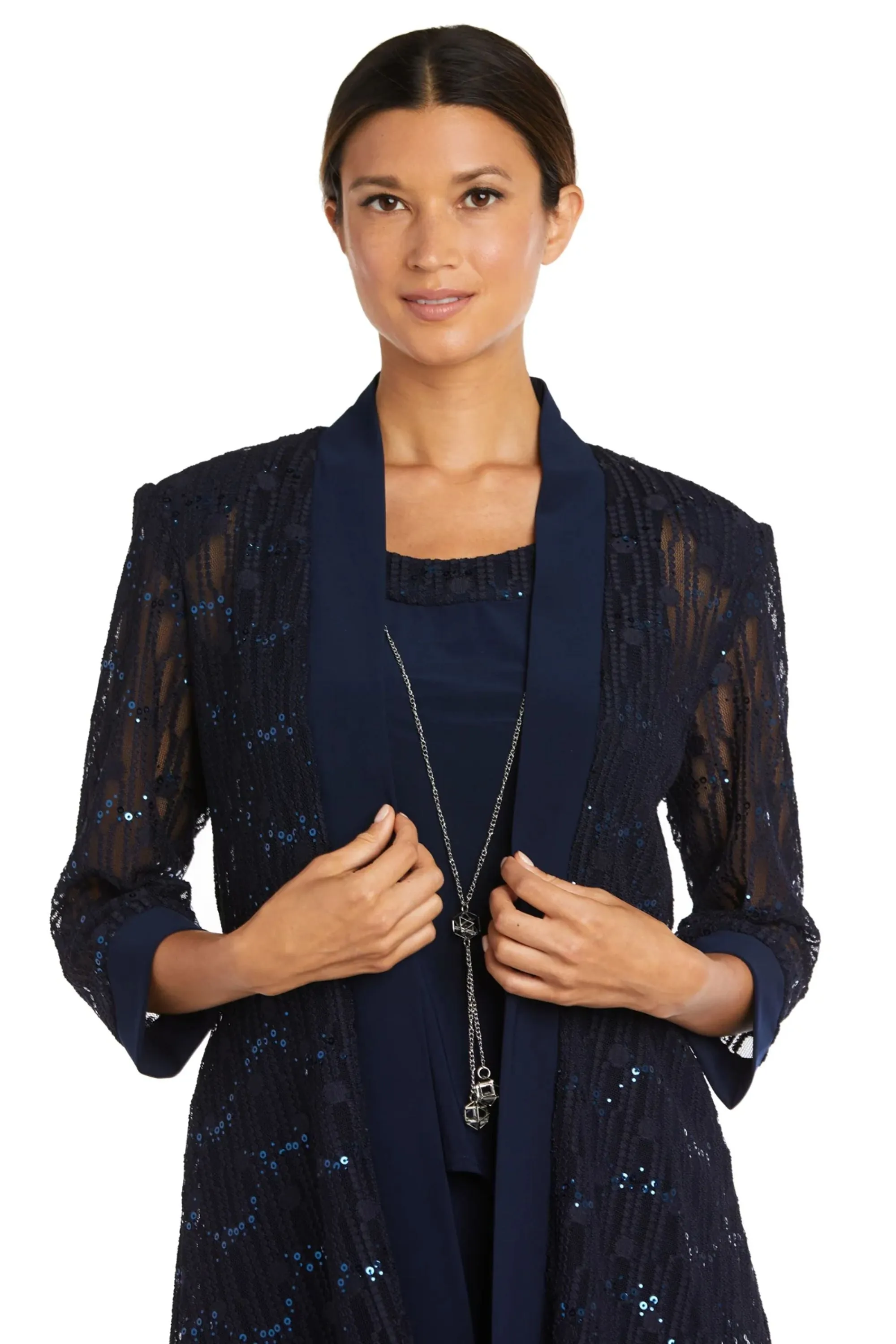 R&M Richards 3 Piece Sequin Lace Jacket Pantsuit with Necklace