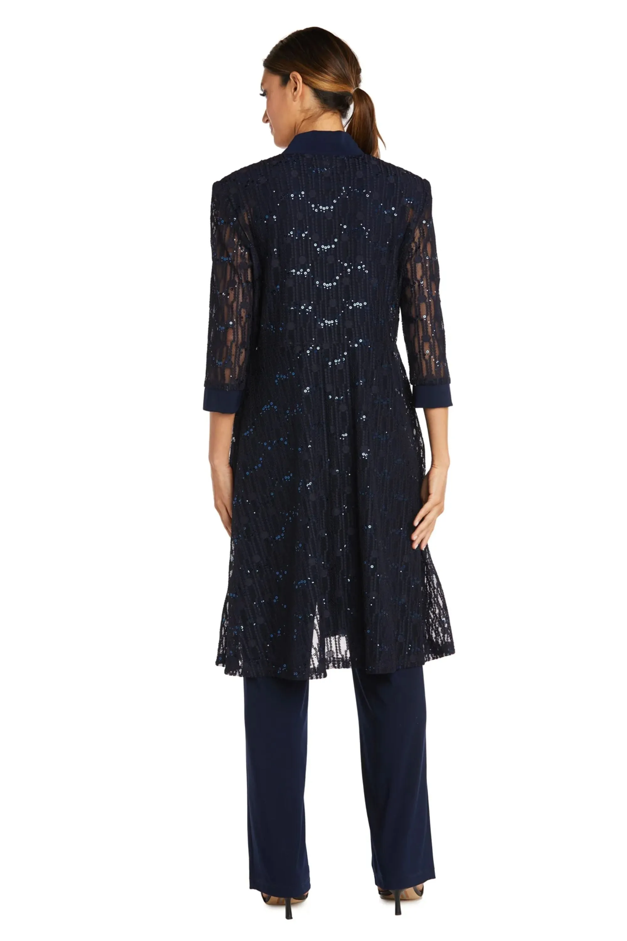 R&M Richards 3 Piece Sequin Lace Jacket Pantsuit with Necklace