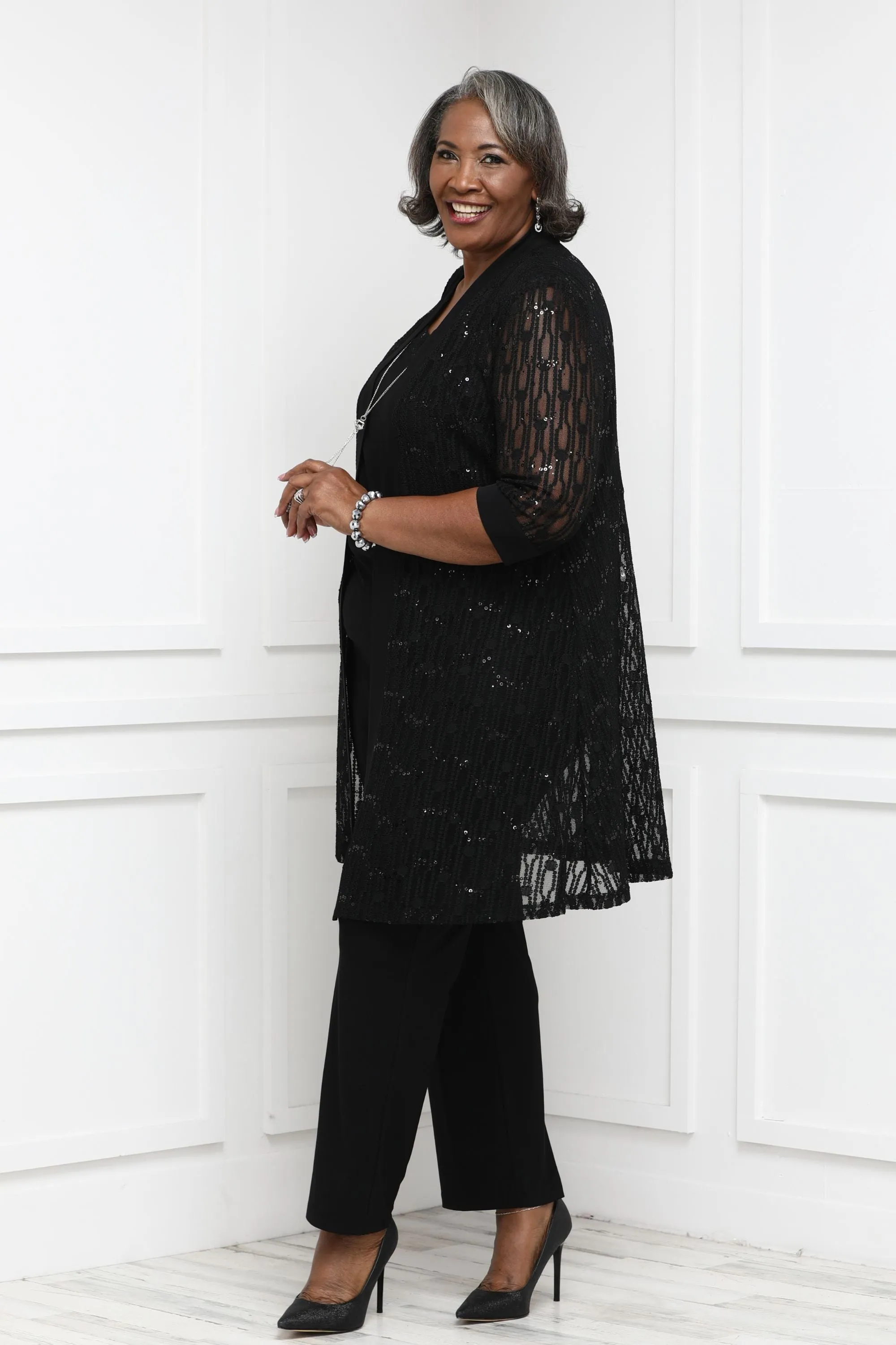 R&M Richards Plus Size 3 Piece Sequin Lace Jacket Pantsuit