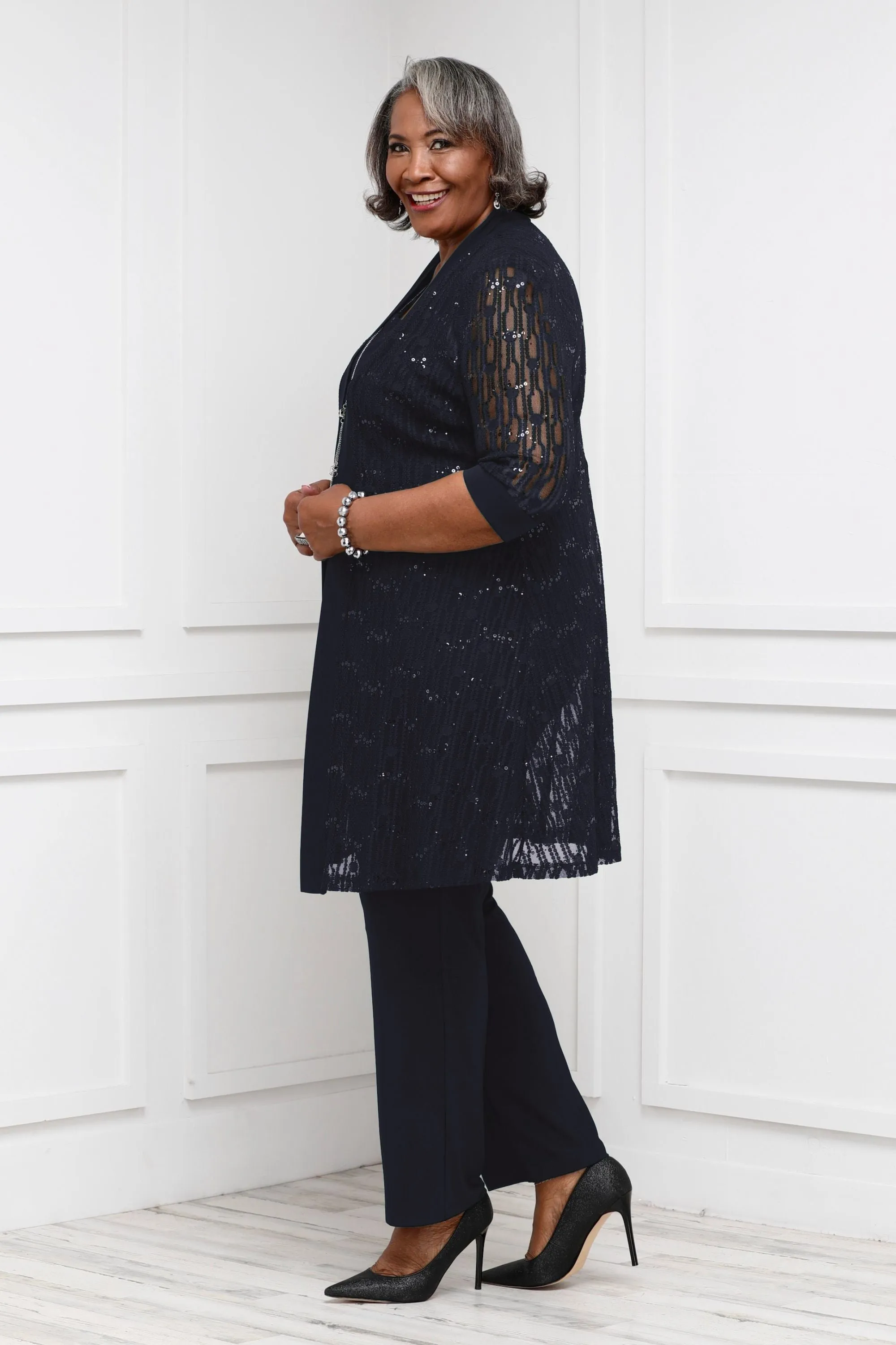 R&M Richards Plus Size 3 Piece Sequin Lace Jacket Pantsuit