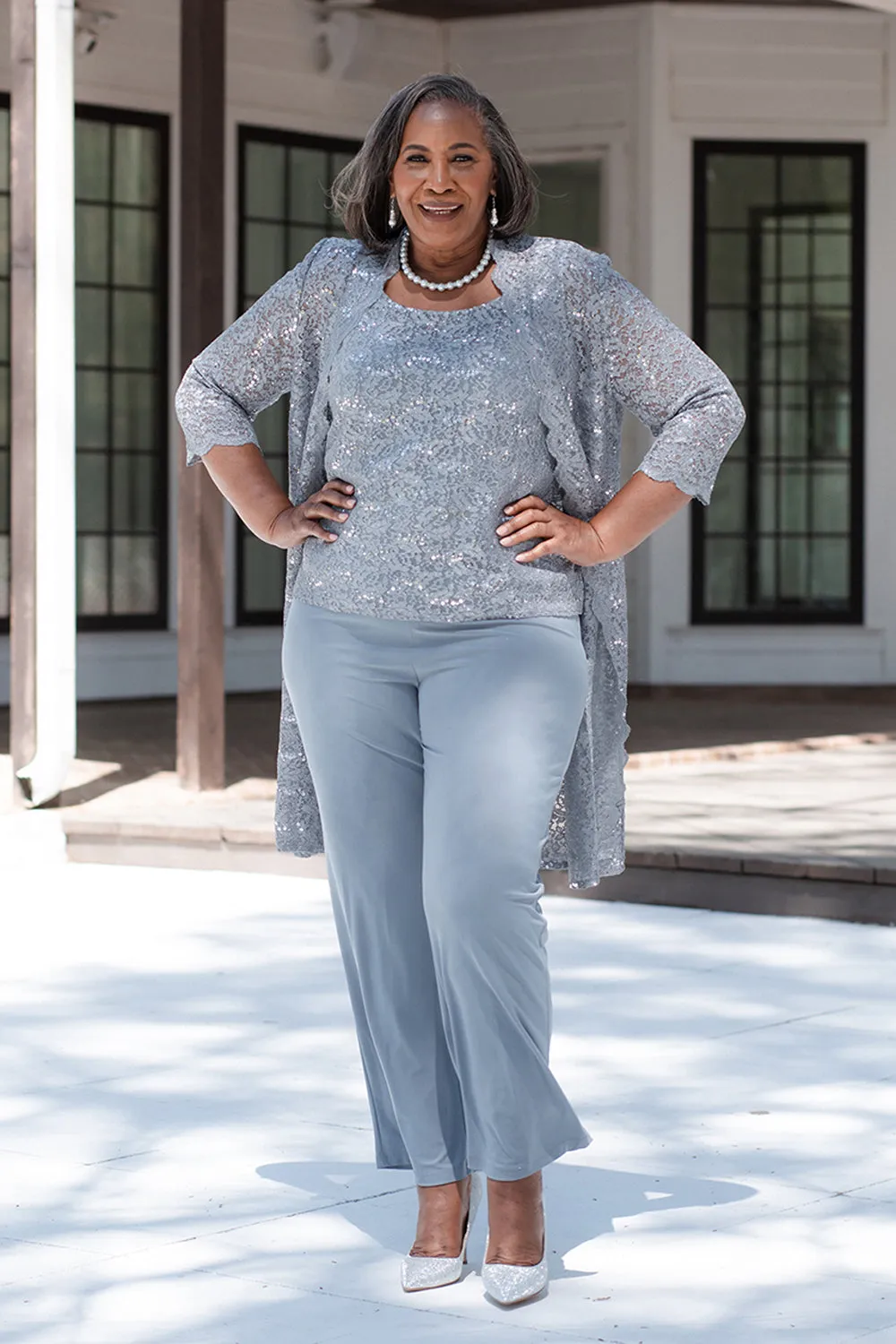 R&M Richards Plus Size Women's 3 Piece Scalloped Sequin Lace Pantsuit