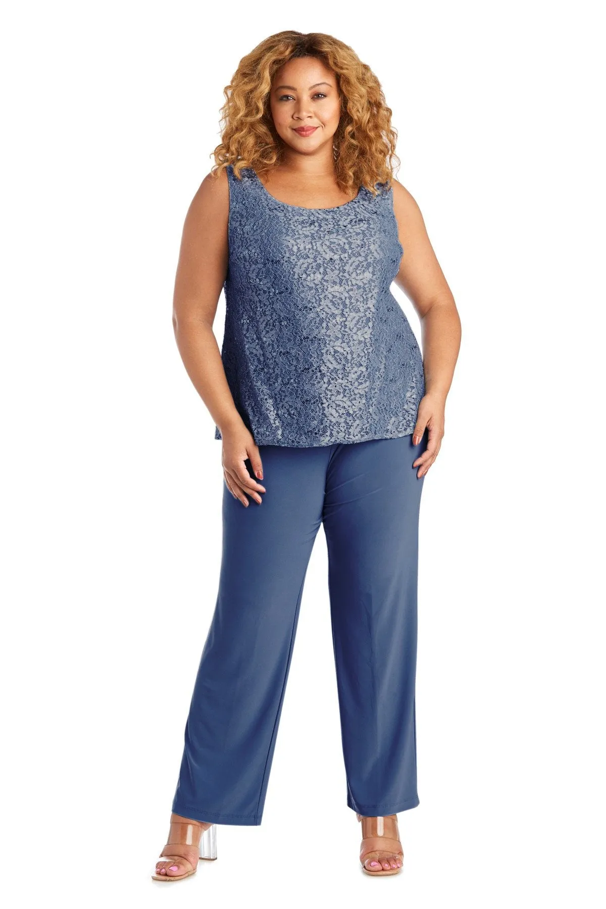 R&M Richards Plus Size Women's 3 Piece Scalloped Sequin Lace Pantsuit