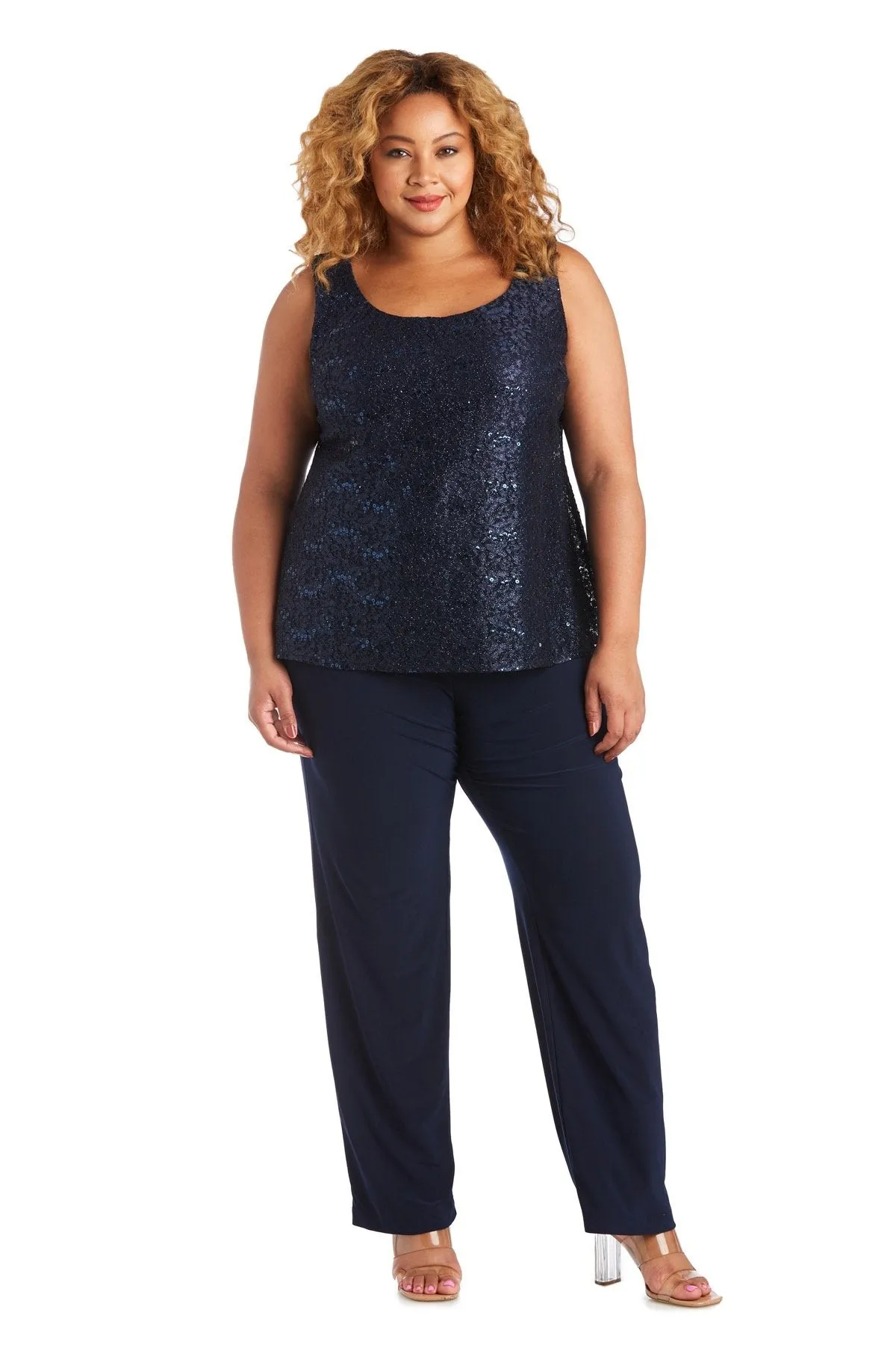 R&M Richards Plus Size Women's 3 Piece Scalloped Sequin Lace Pantsuit