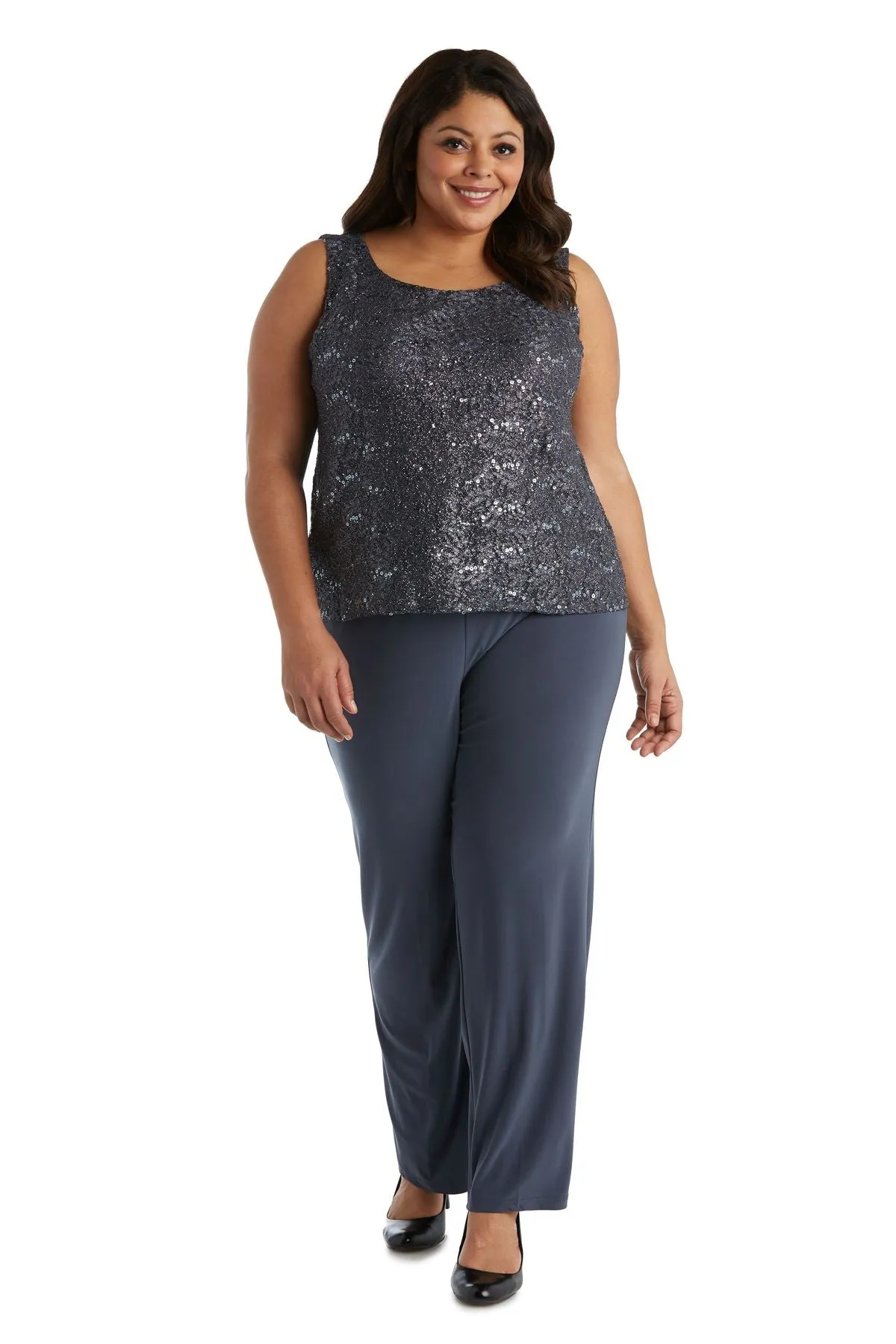 R&M Richards Plus Size Women's 3 Piece Scalloped Sequin Lace Pantsuit