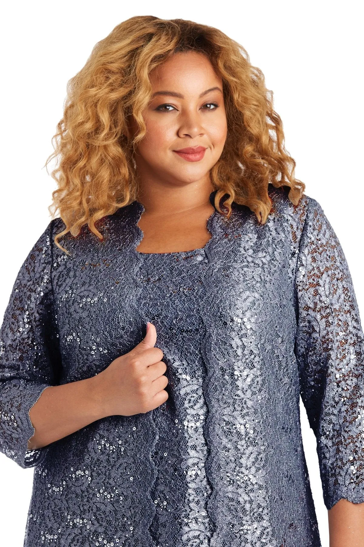 R&M Richards Plus Size Women's 3 Piece Scalloped Sequin Lace Pantsuit