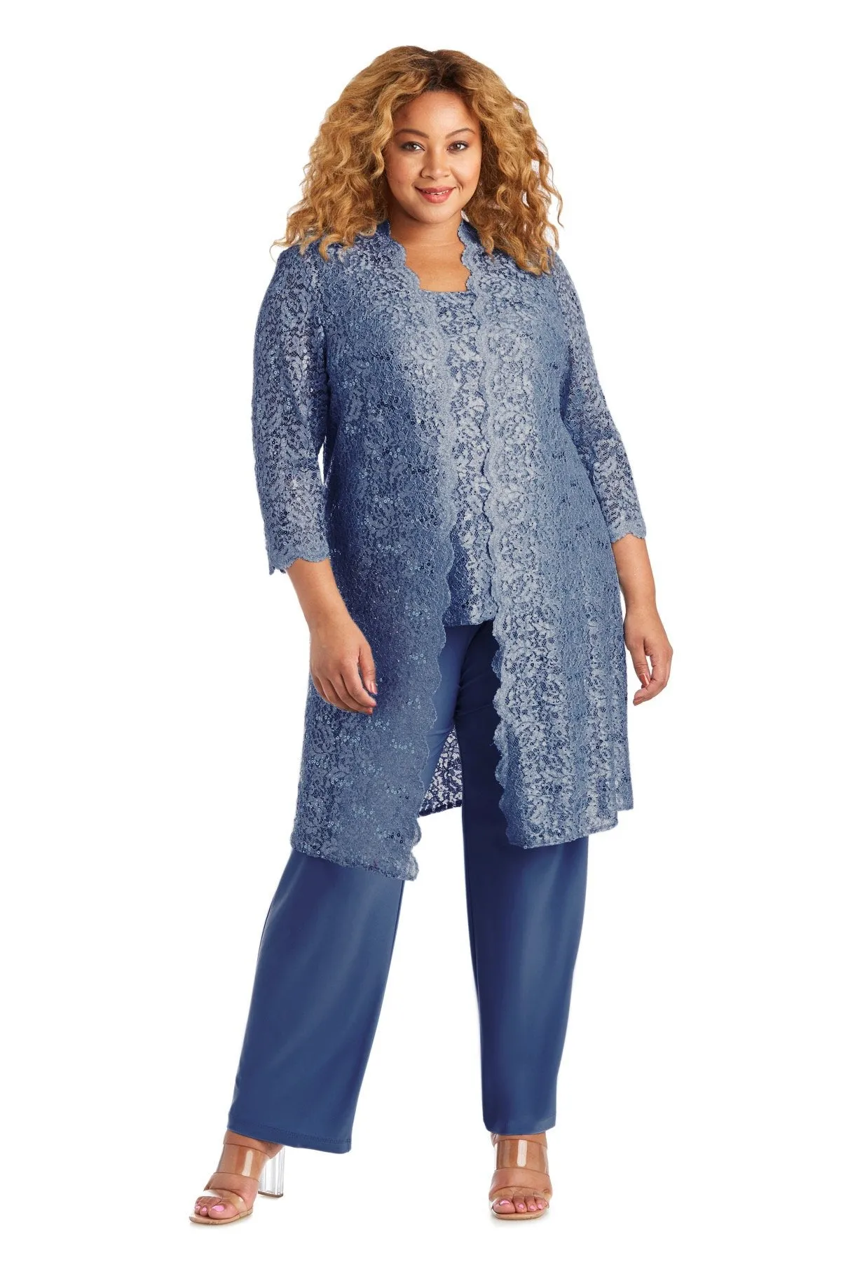 R&M Richards Plus Size Women's 3 Piece Scalloped Sequin Lace Pantsuit