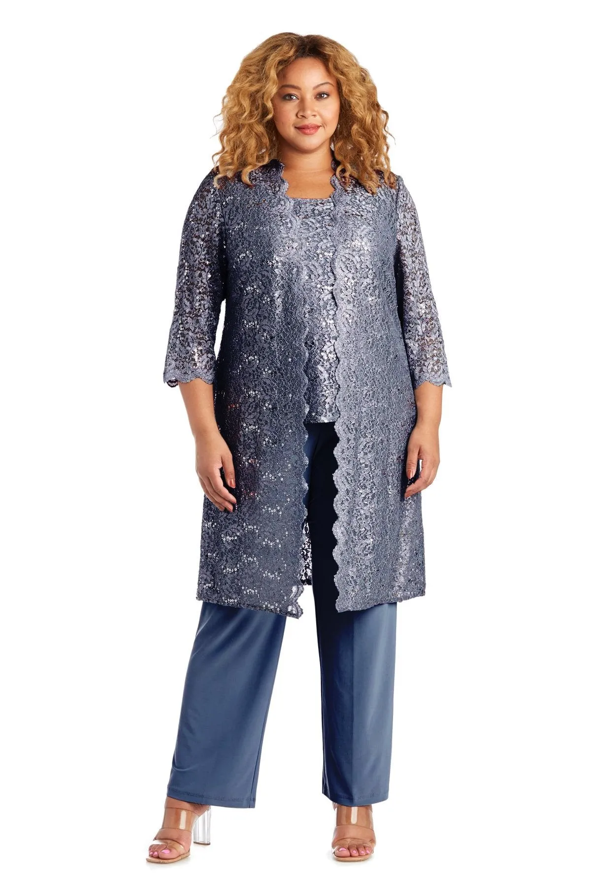 R&M Richards Plus Size Women's 3 Piece Scalloped Sequin Lace Pantsuit