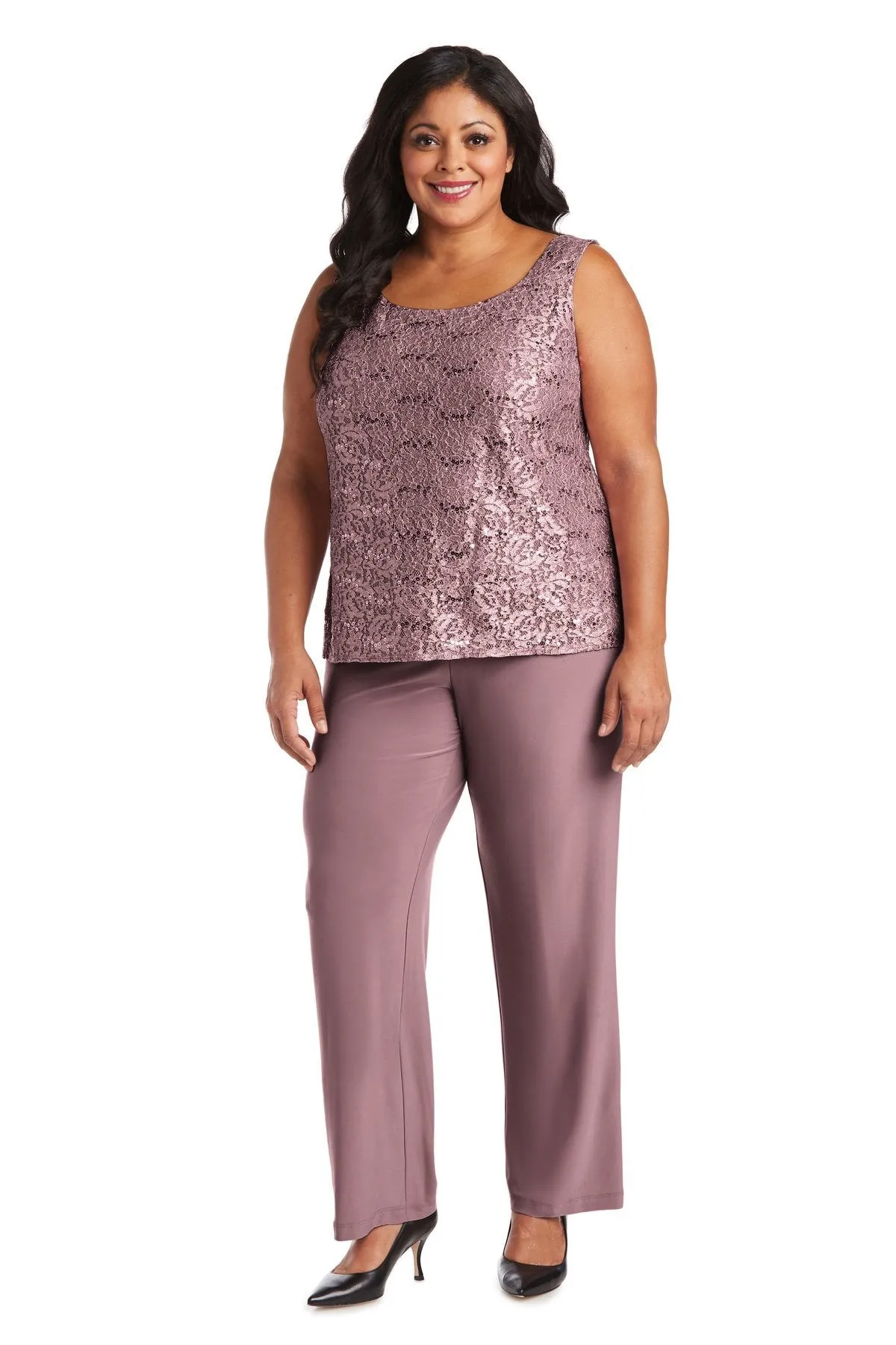 R&M Richards Plus Size Women's 3 Piece Scalloped Sequin Lace Pantsuit