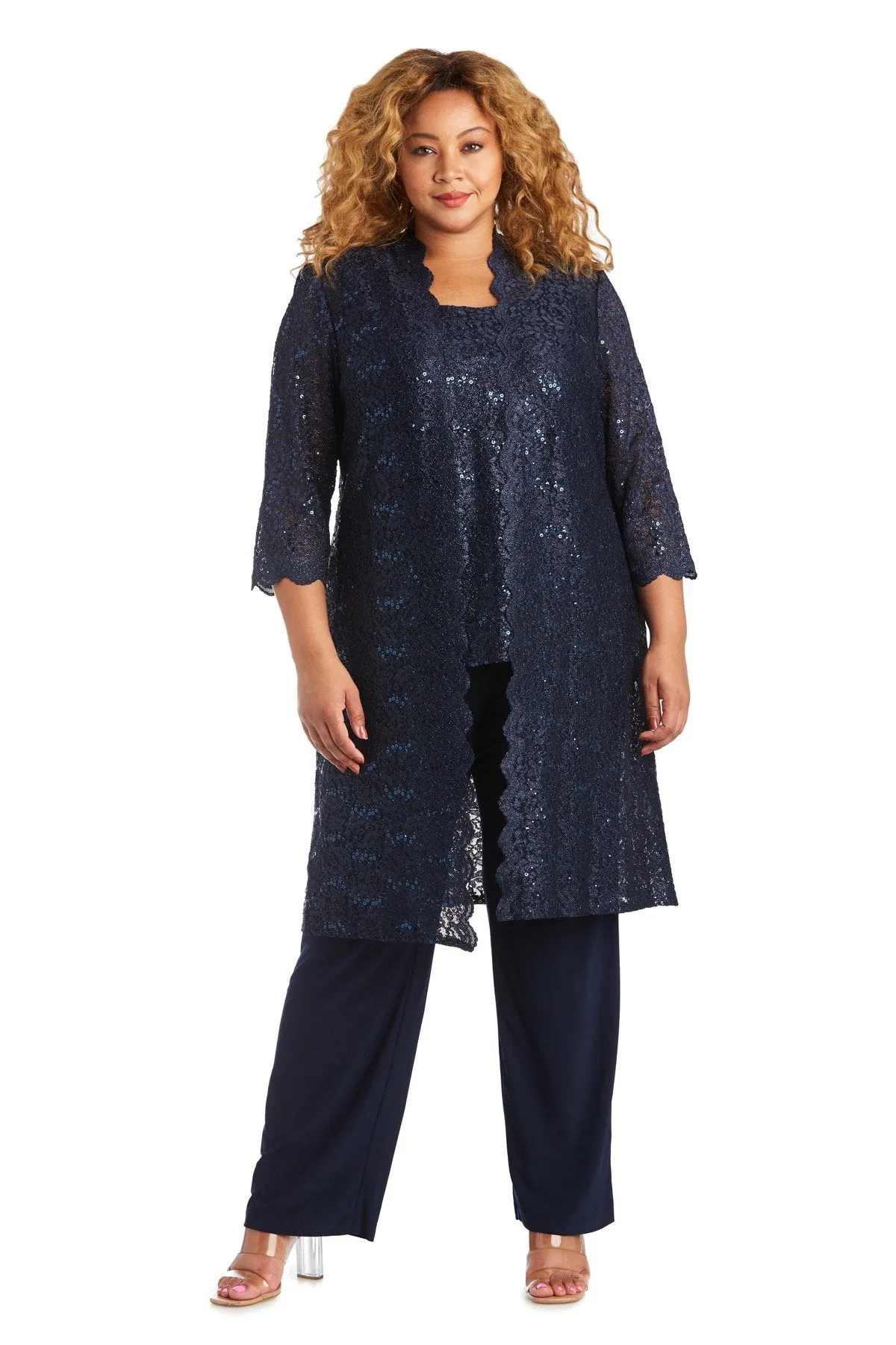 R&M Richards Plus Size Women's 3 Piece Scalloped Sequin Lace Pantsuit