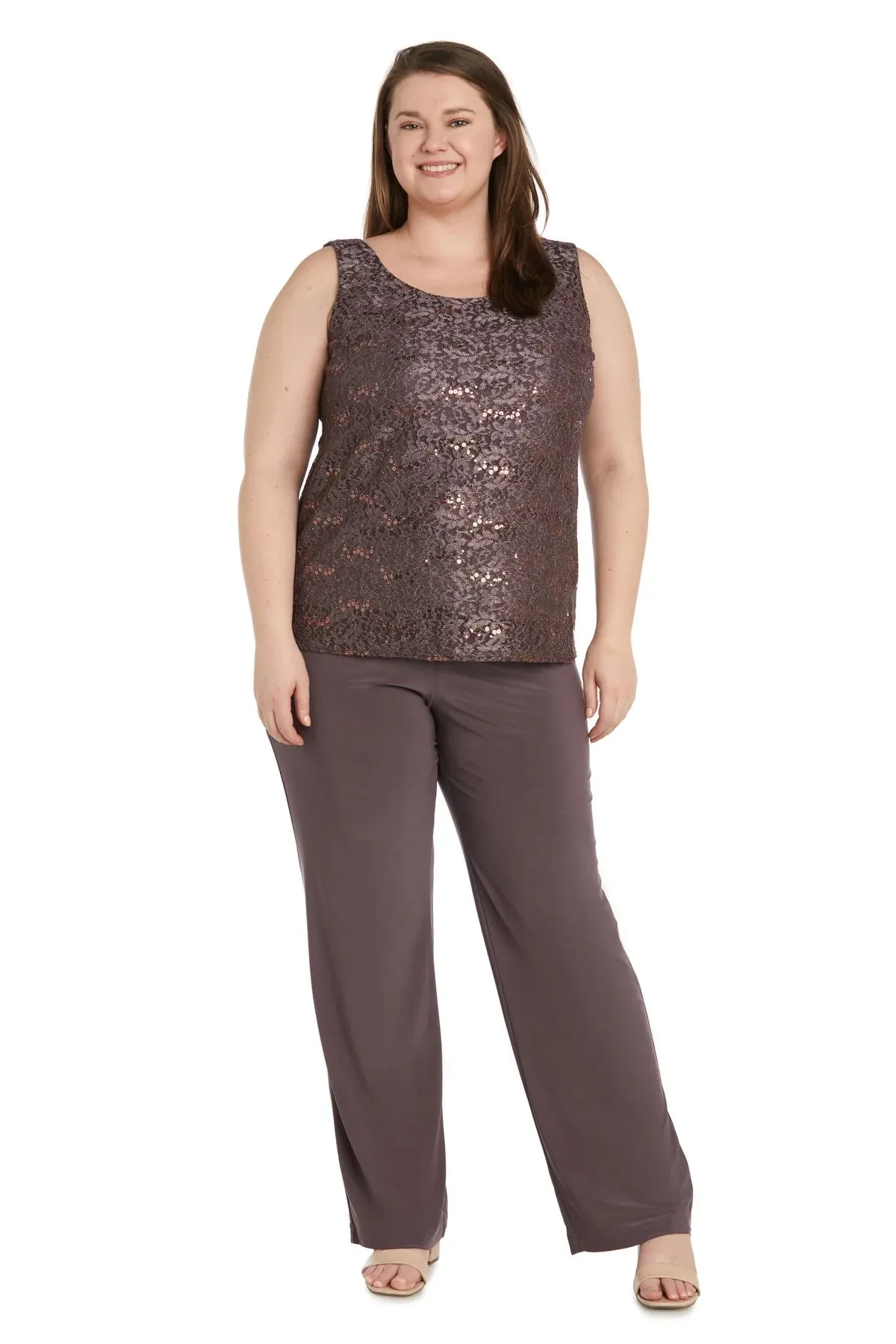 R&M Richards Plus Size Women's 3 Piece Scalloped Sequin Lace Pantsuit