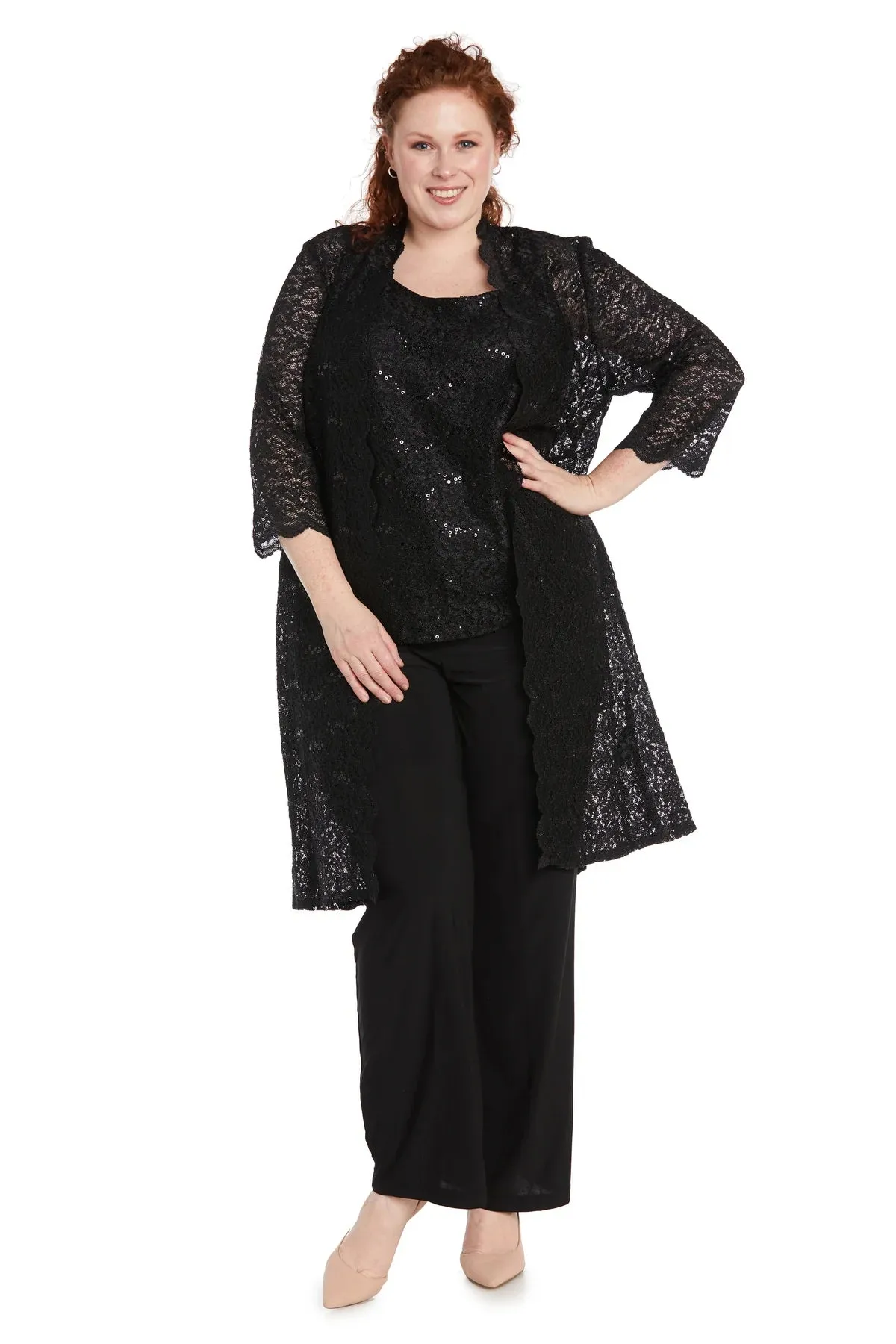 R&M Richards Plus Size Women's 3 Piece Scalloped Sequin Lace Pantsuit