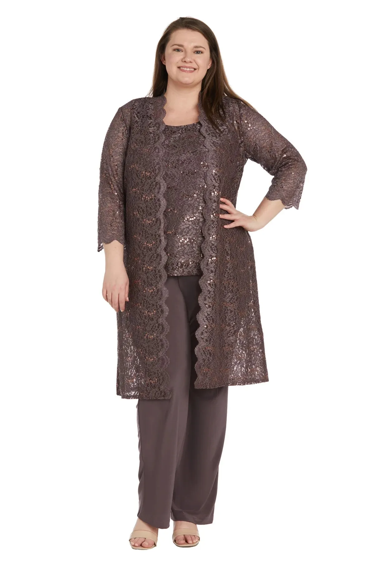 R&M Richards Plus Size Women's 3 Piece Scalloped Sequin Lace Pantsuit