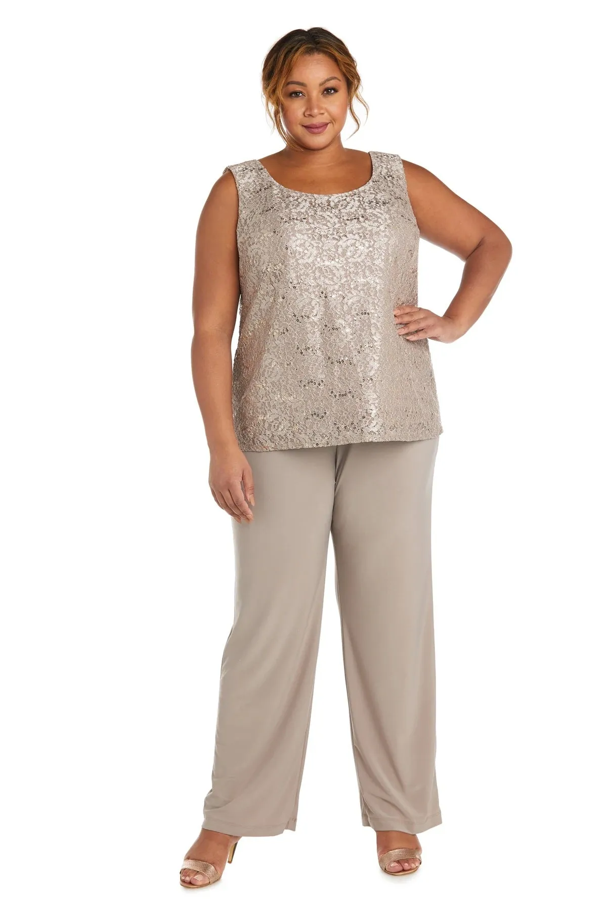 R&M Richards Plus Size Women's 3 Piece Scalloped Sequin Lace Pantsuit