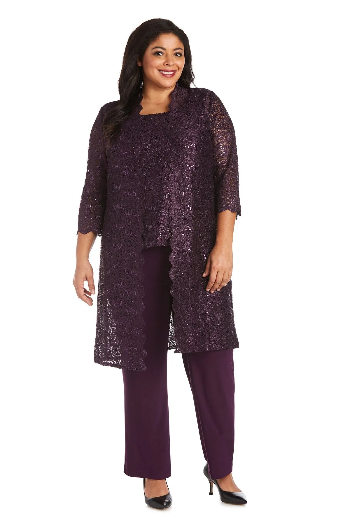 R&M Richards Plus Size Women's 3 Piece Scalloped Sequin Lace Pantsuit