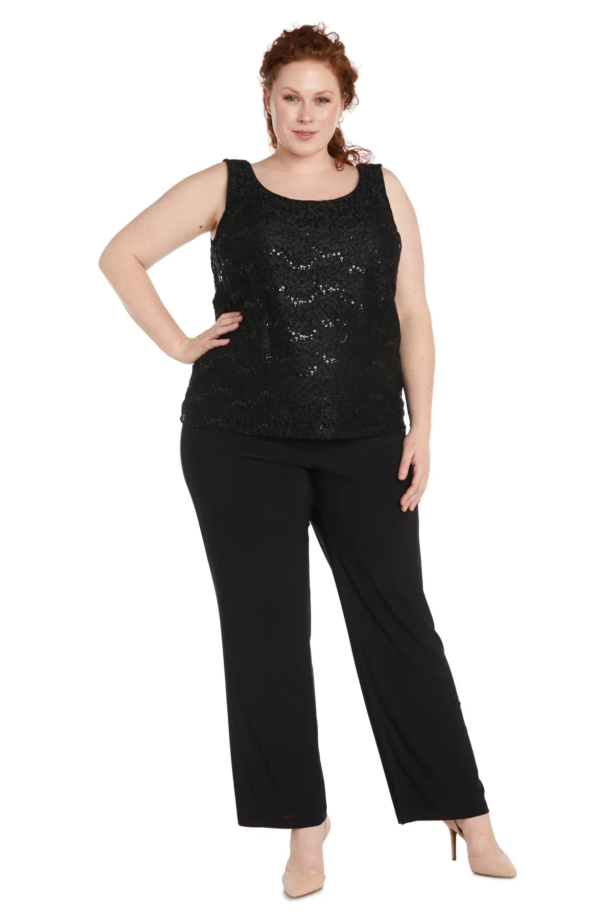 R&M Richards Plus Size Women's 3 Piece Scalloped Sequin Lace Pantsuit