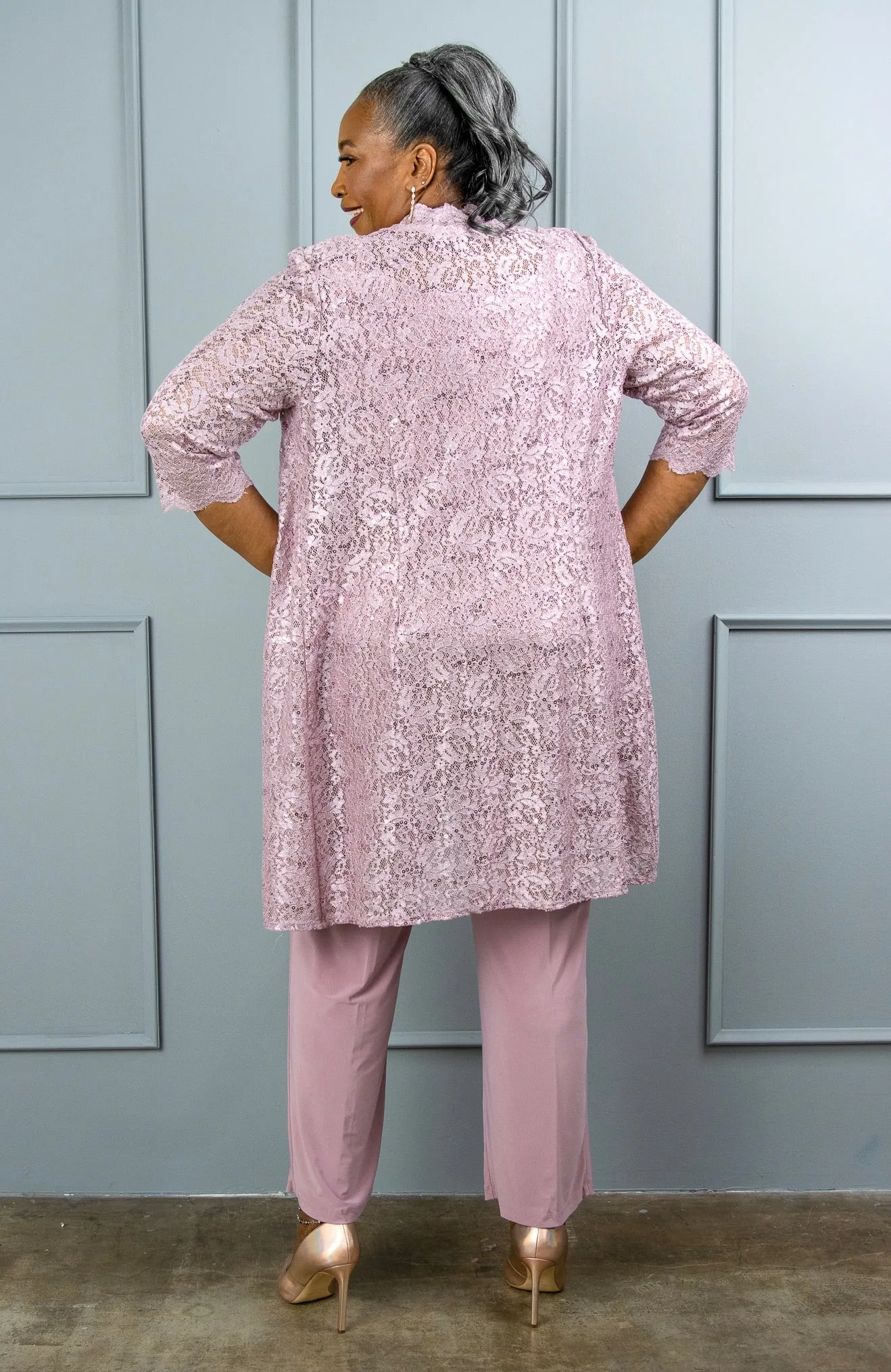 R&M Richards Plus Size Women's 3 Piece Scalloped Sequin Lace Pantsuit