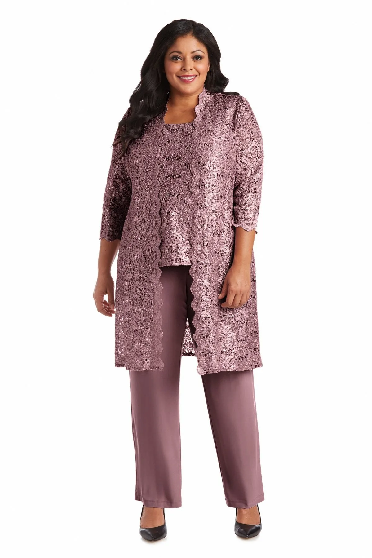 R&M Richards Plus Size Women's 3 Piece Scalloped Sequin Lace Pantsuit