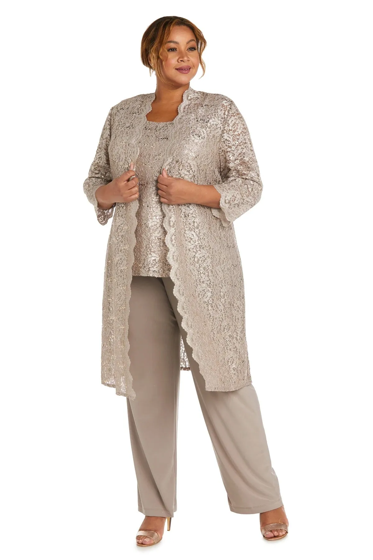 R&M Richards Plus Size Women's 3 Piece Scalloped Sequin Lace Pantsuit