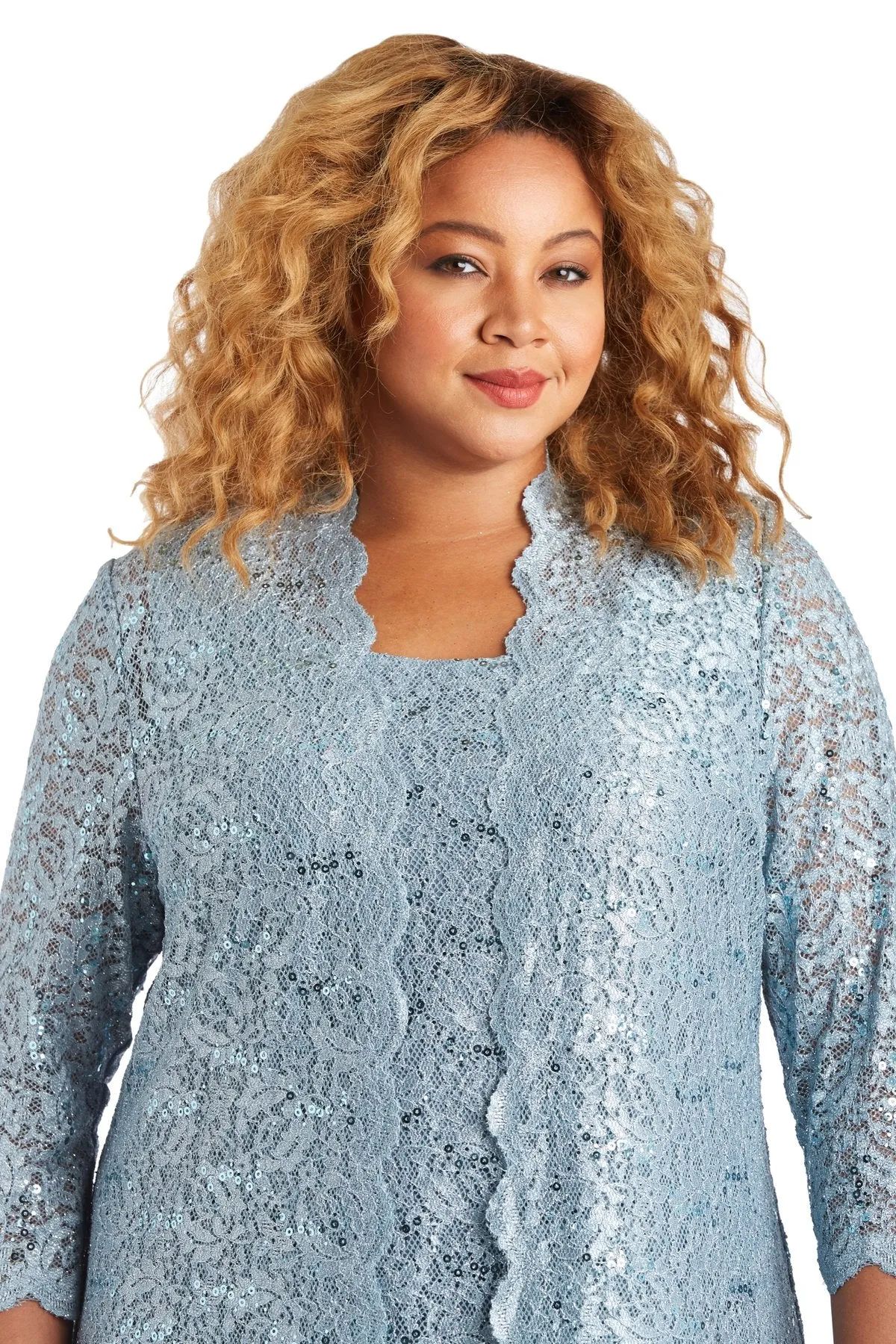 R&M Richards Plus Size Women's 3 Piece Scalloped Sequin Lace Pantsuit