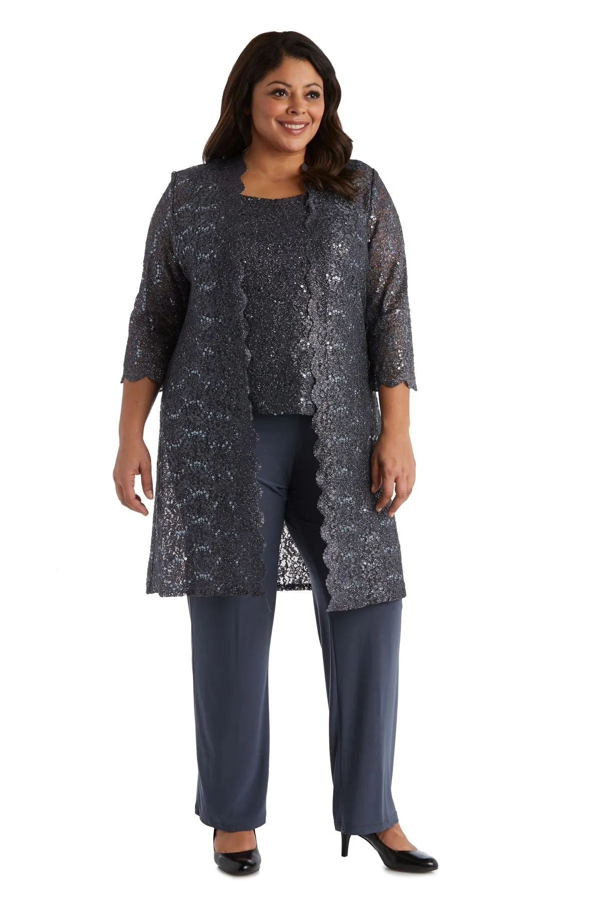 R&M Richards Plus Size Women's 3 Piece Scalloped Sequin Lace Pantsuit