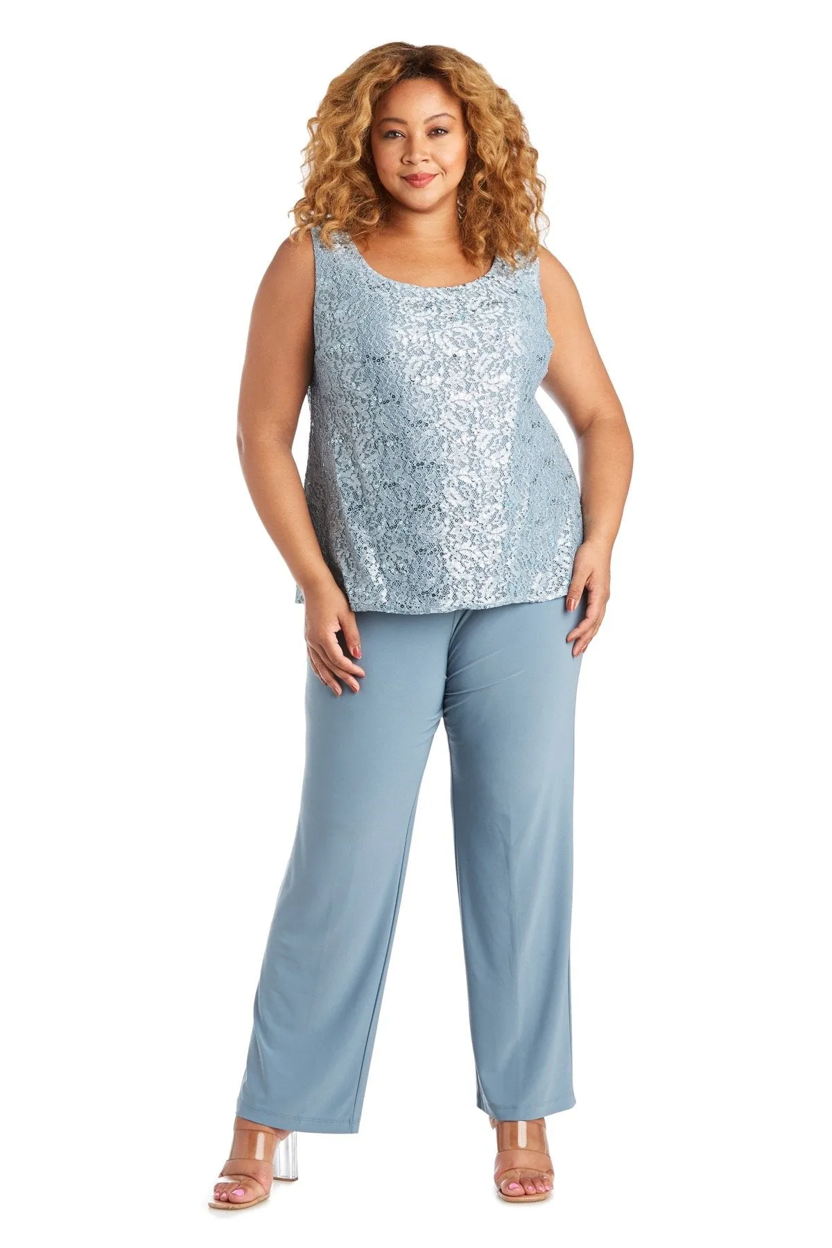 R&M Richards Plus Size Women's 3 Piece Scalloped Sequin Lace Pantsuit