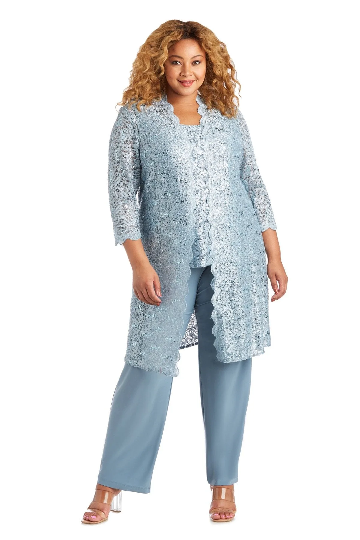 R&M Richards Plus Size Women's 3 Piece Scalloped Sequin Lace Pantsuit