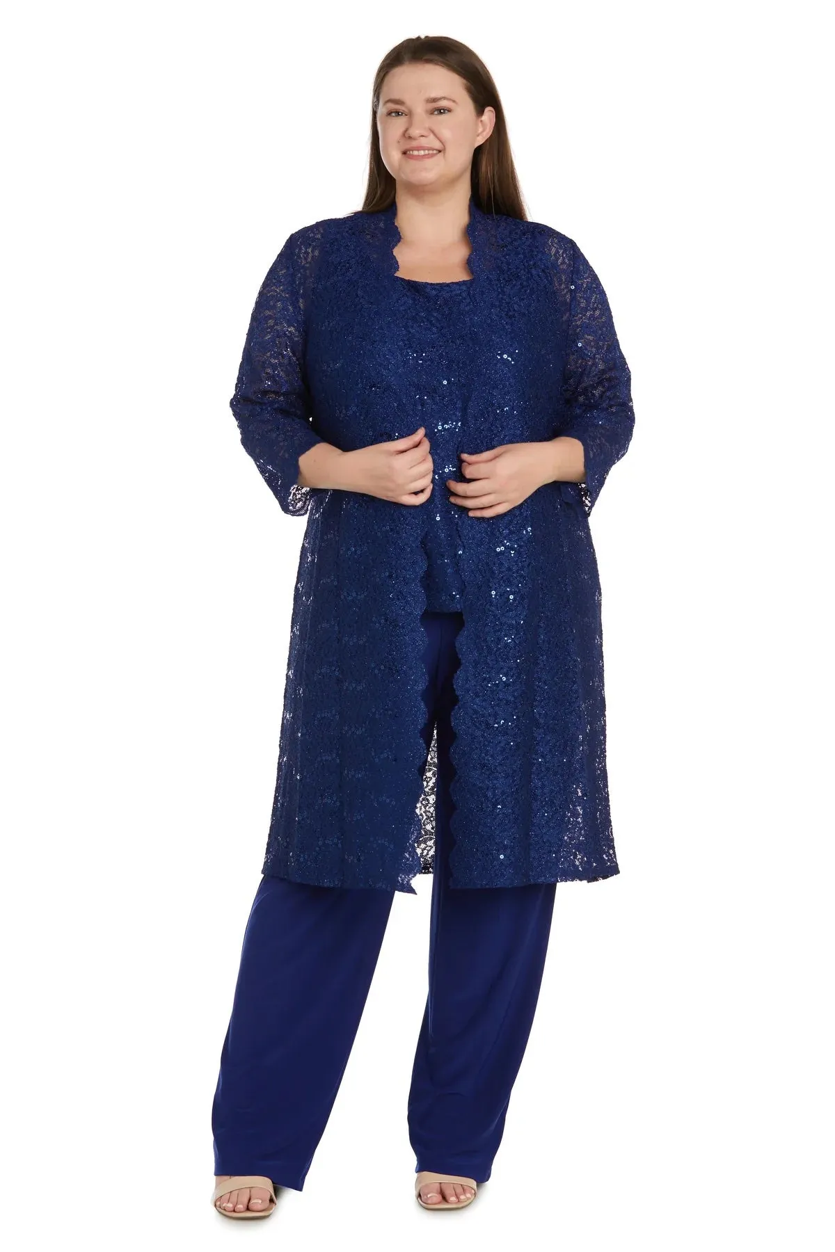 R&M Richards Plus Size Women's 3 Piece Scalloped Sequin Lace Pantsuit