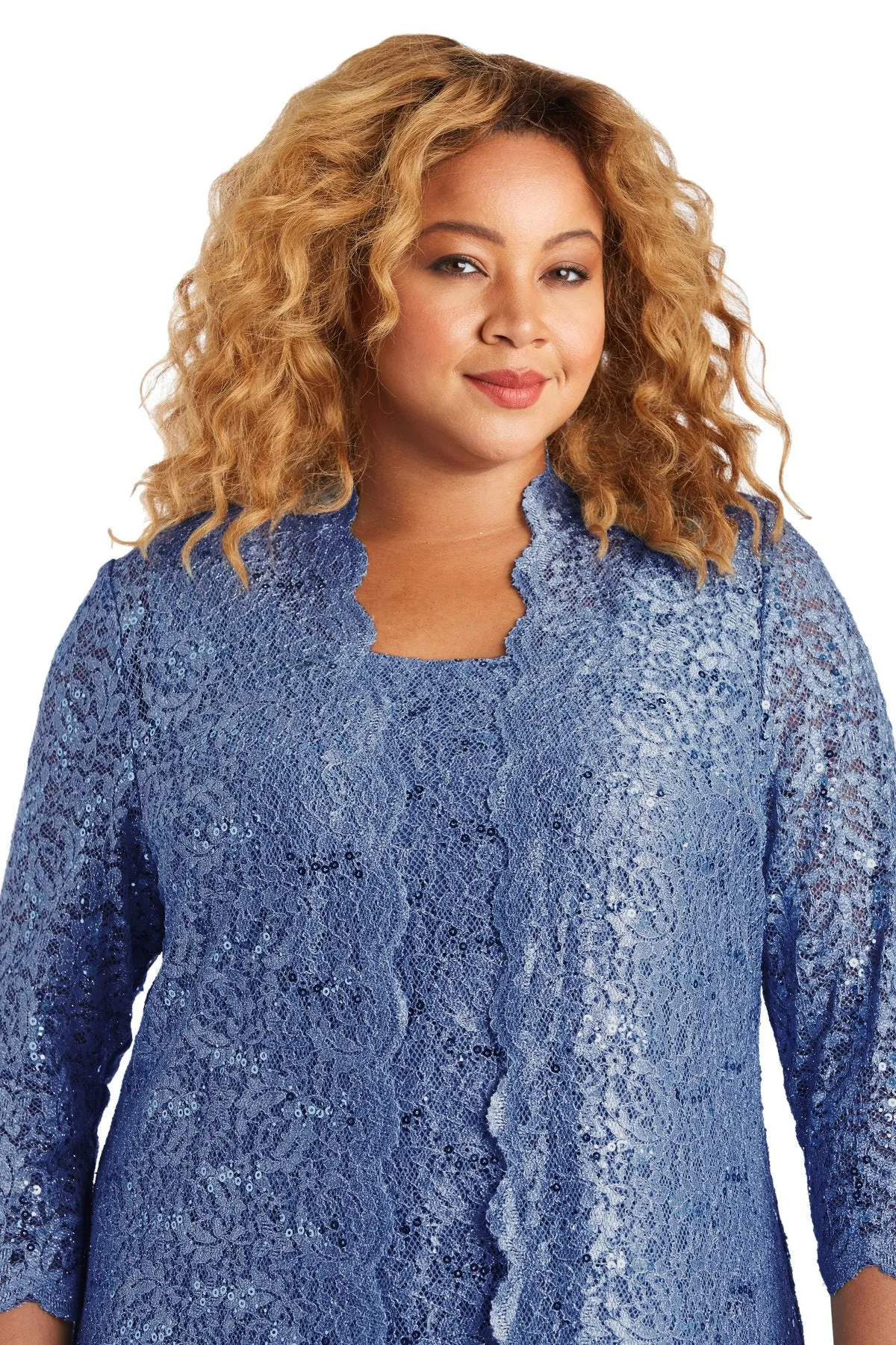 R&M Richards Plus Size Women's 3 Piece Scalloped Sequin Lace Pantsuit