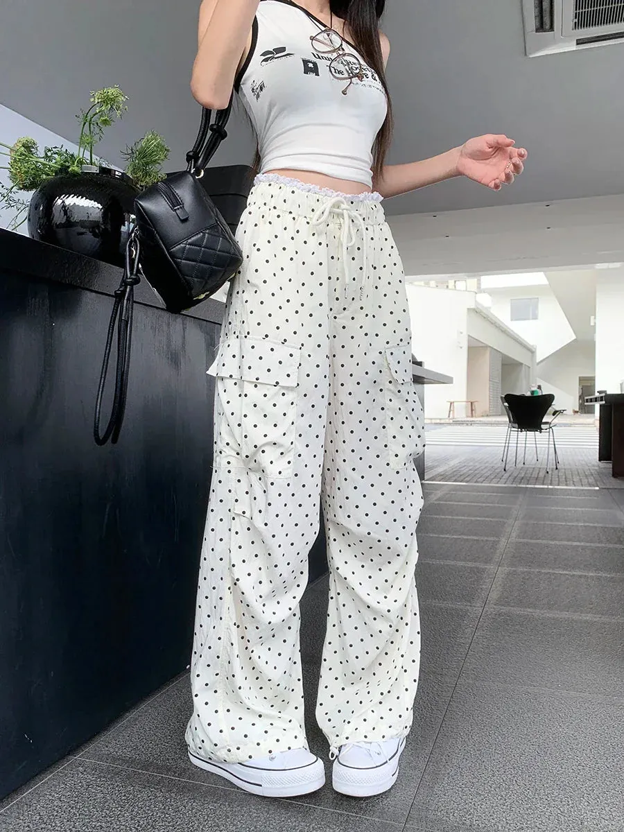 Retro Waisted Polka Dot Wide Leg Sweat Baggy Drawstring Oversize High Casual Loose Y2k Pants