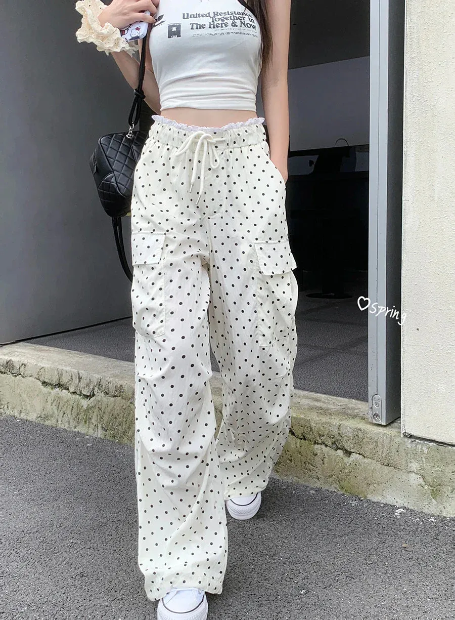 Retro Waisted Polka Dot Wide Leg Sweat Baggy Drawstring Oversize High Casual Loose Y2k Pants