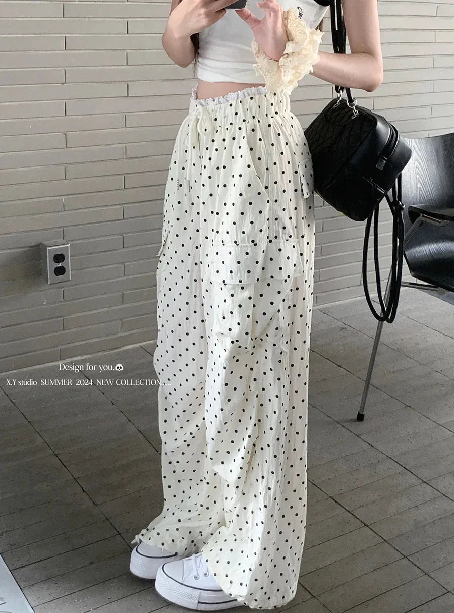 Retro Waisted Polka Dot Wide Leg Sweat Baggy Drawstring Oversize High Casual Loose Y2k Pants