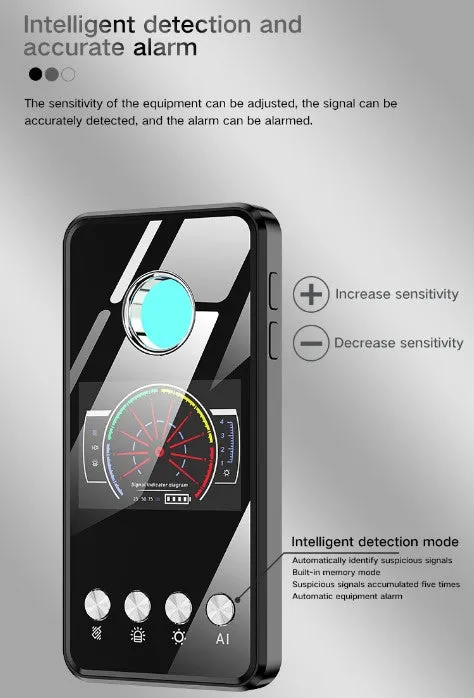 RF Detector, Covert Camera Detector, Audio Recorder Detector, GPS Tracker Detector with Infrared and Magnet Detector probe.