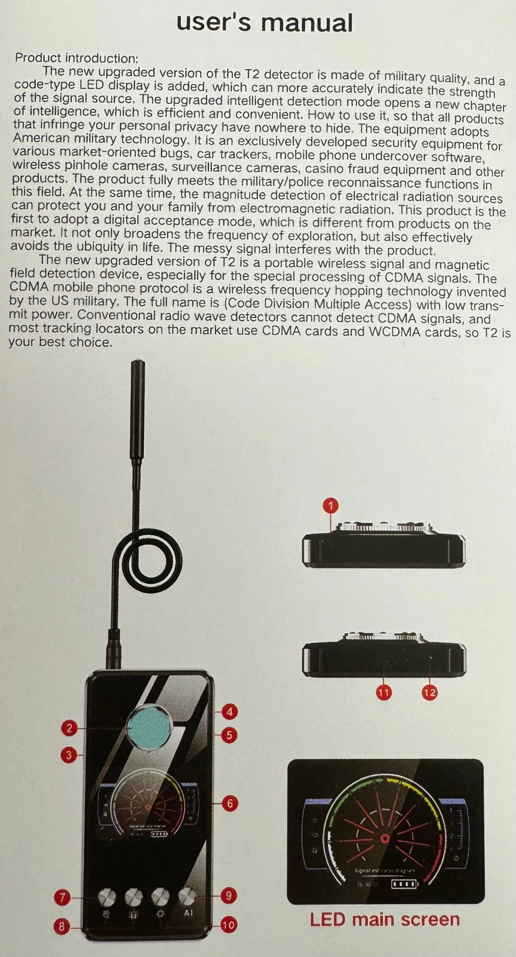 RF Detector, Covert Camera Detector, Audio Recorder Detector, GPS Tracker Detector with Infrared and Magnet Detector probe.