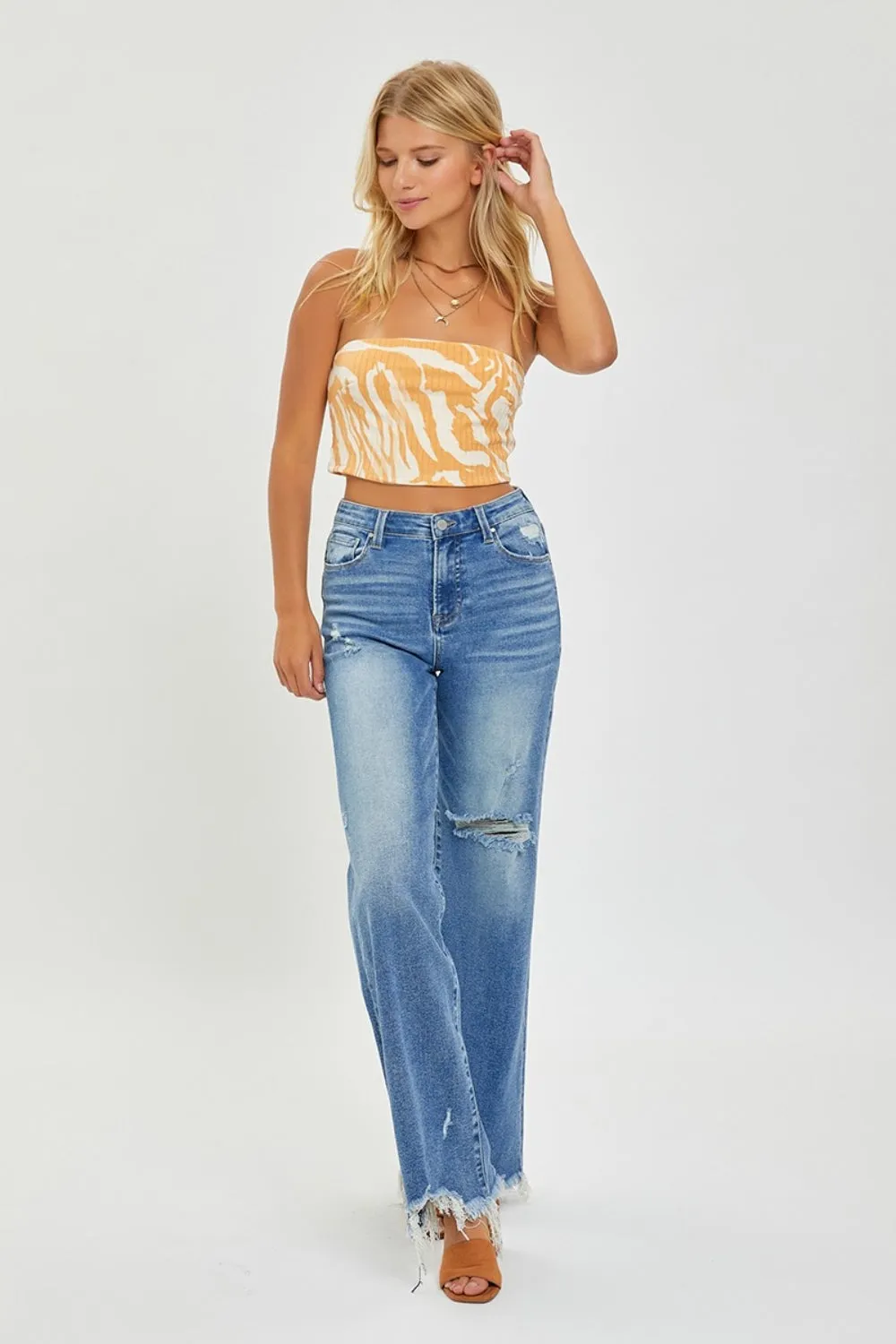 Rise Full Size High Rise Frayed Hem Wide Leg Jeans