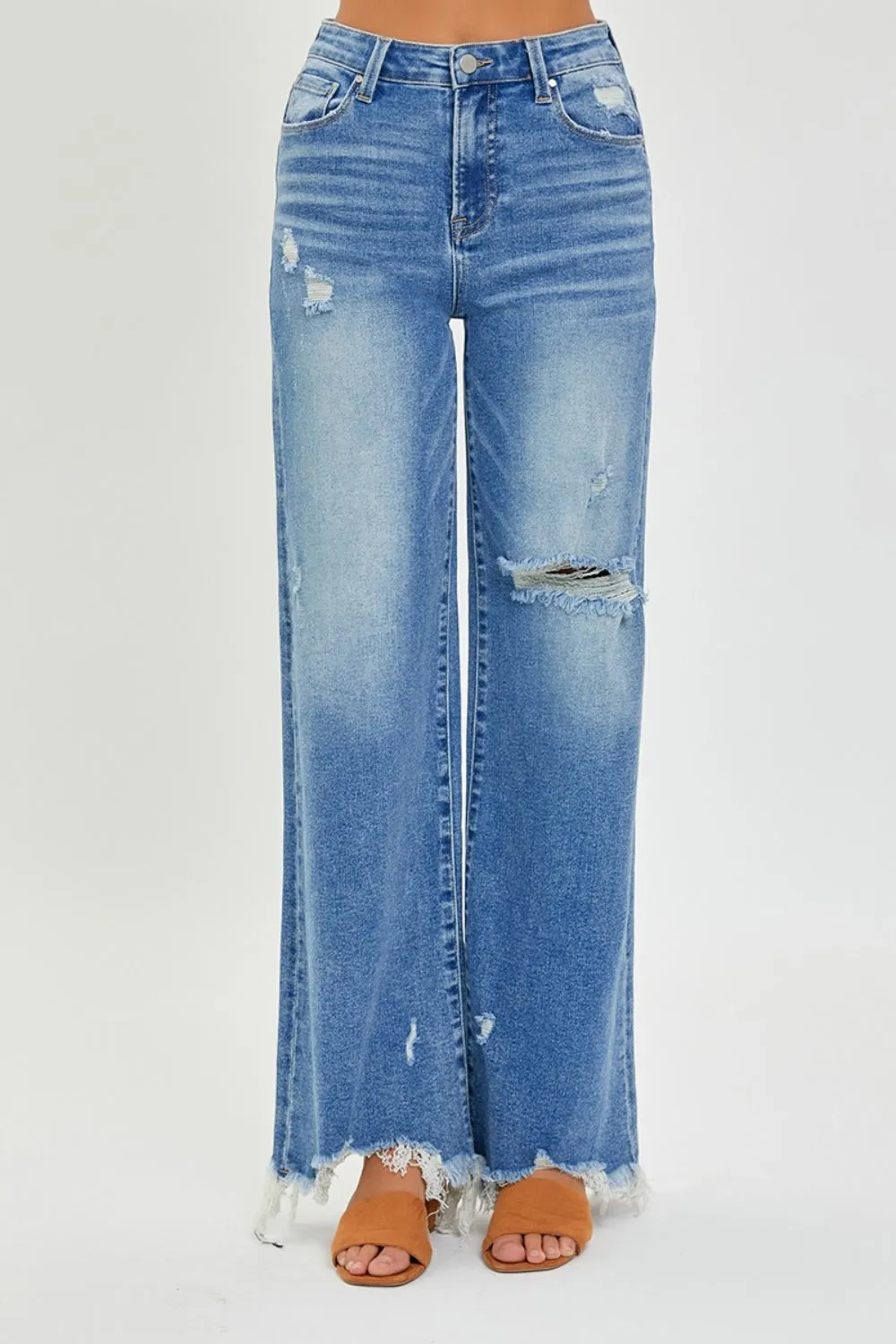 Rise Full Size High Rise Frayed Hem Wide Leg Jeans