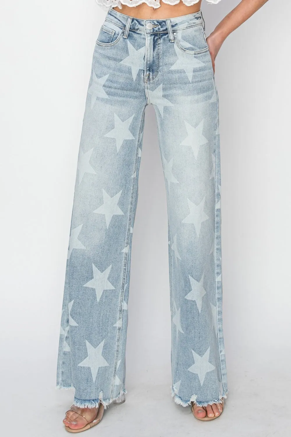 RISEN Full Size Raw Hem Star Wide Leg Jeans