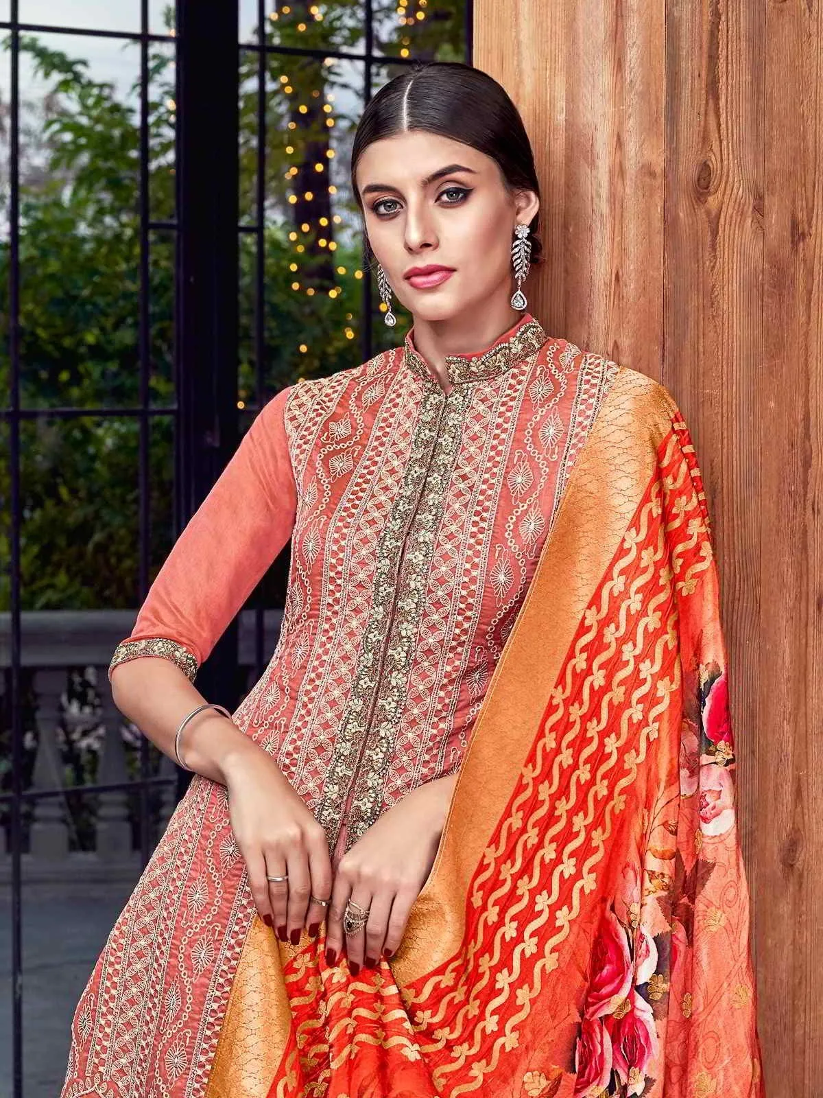 Rusty Orange Lucknowi Embroidered Pakistani Style Pant Suit