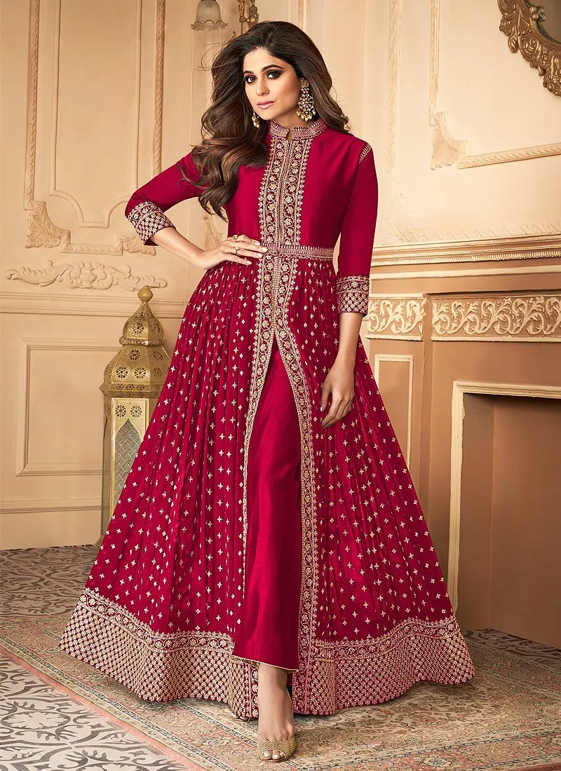 Shamita Shetty Pinkish Red Front Slit Georgette Anarkali Suit