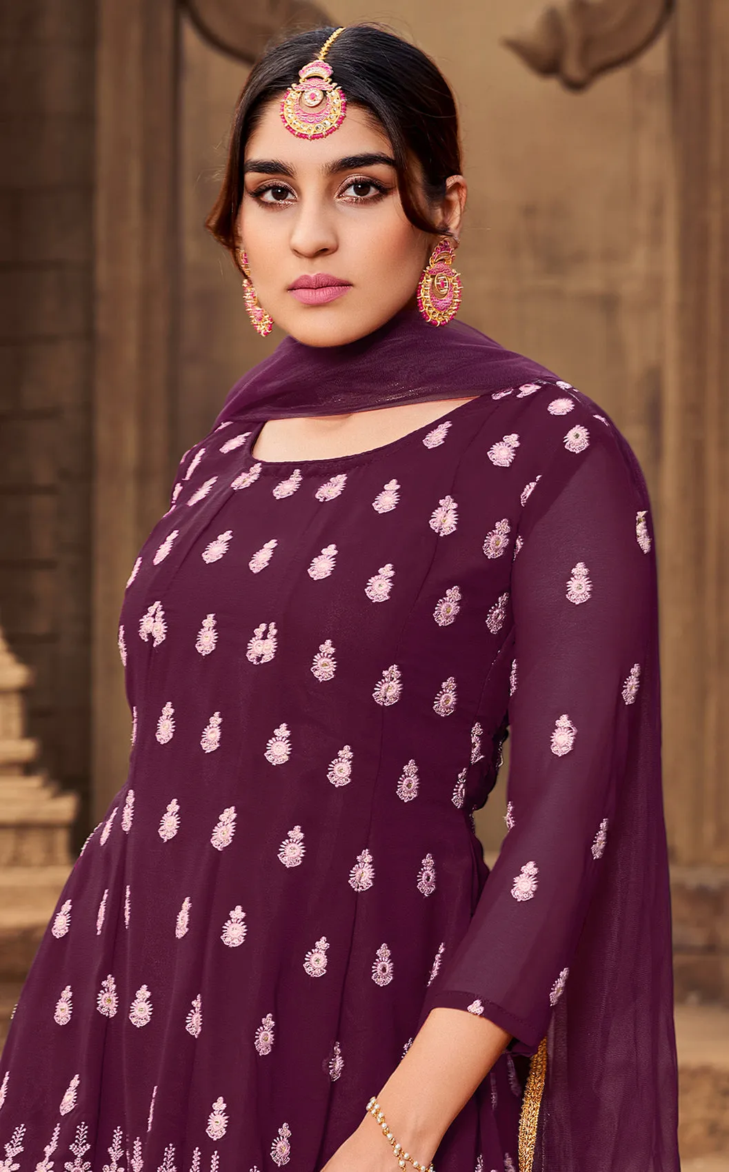 Sharara Set in Plum Wine Beautifully Embroidered Suit