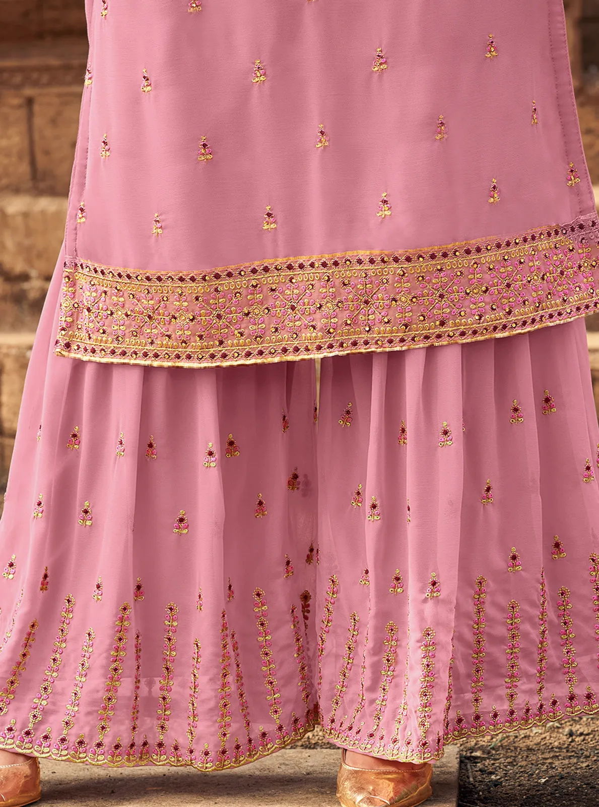 Sharara Set in Thulian Pink Beautifully Embroidered Suit