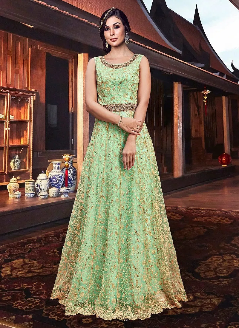 Splendid Green Front Slit Embroidered Anarkali