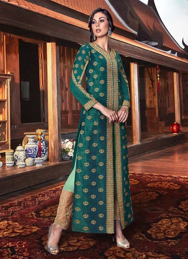 Splendid Green Front Slit Embroidered Anarkali