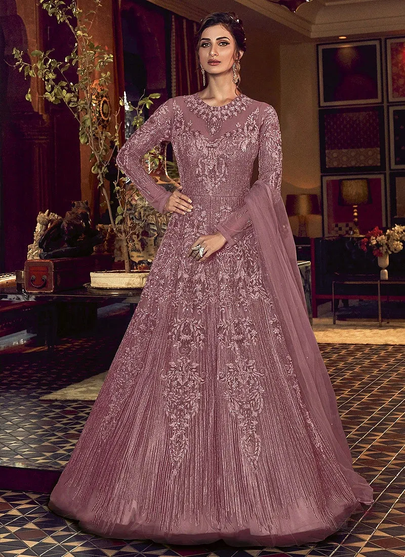 Splendid Mauve Heavy Embroidered Net Anarkali Suit