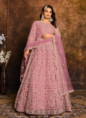 Spunky Pink Embroidered Net Bridal Anarkali Suit