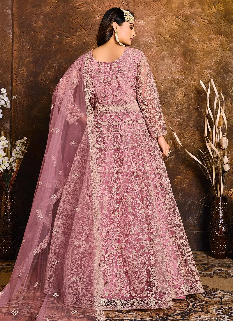 Spunky Pink Embroidered Net Bridal Anarkali Suit